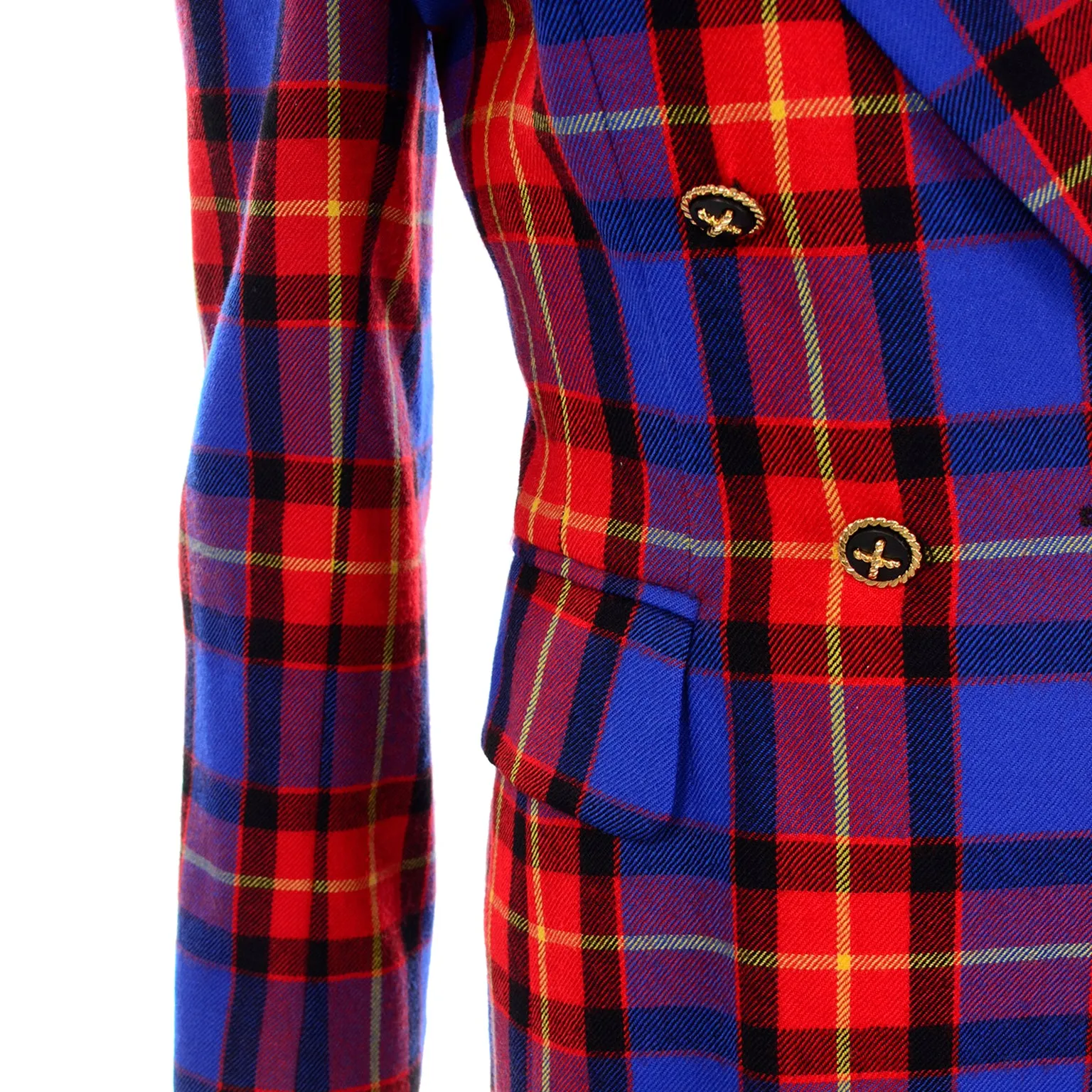 Margaretha Ley for Escada Vintage Red & Blue Wool Plaid Blazer Jacket