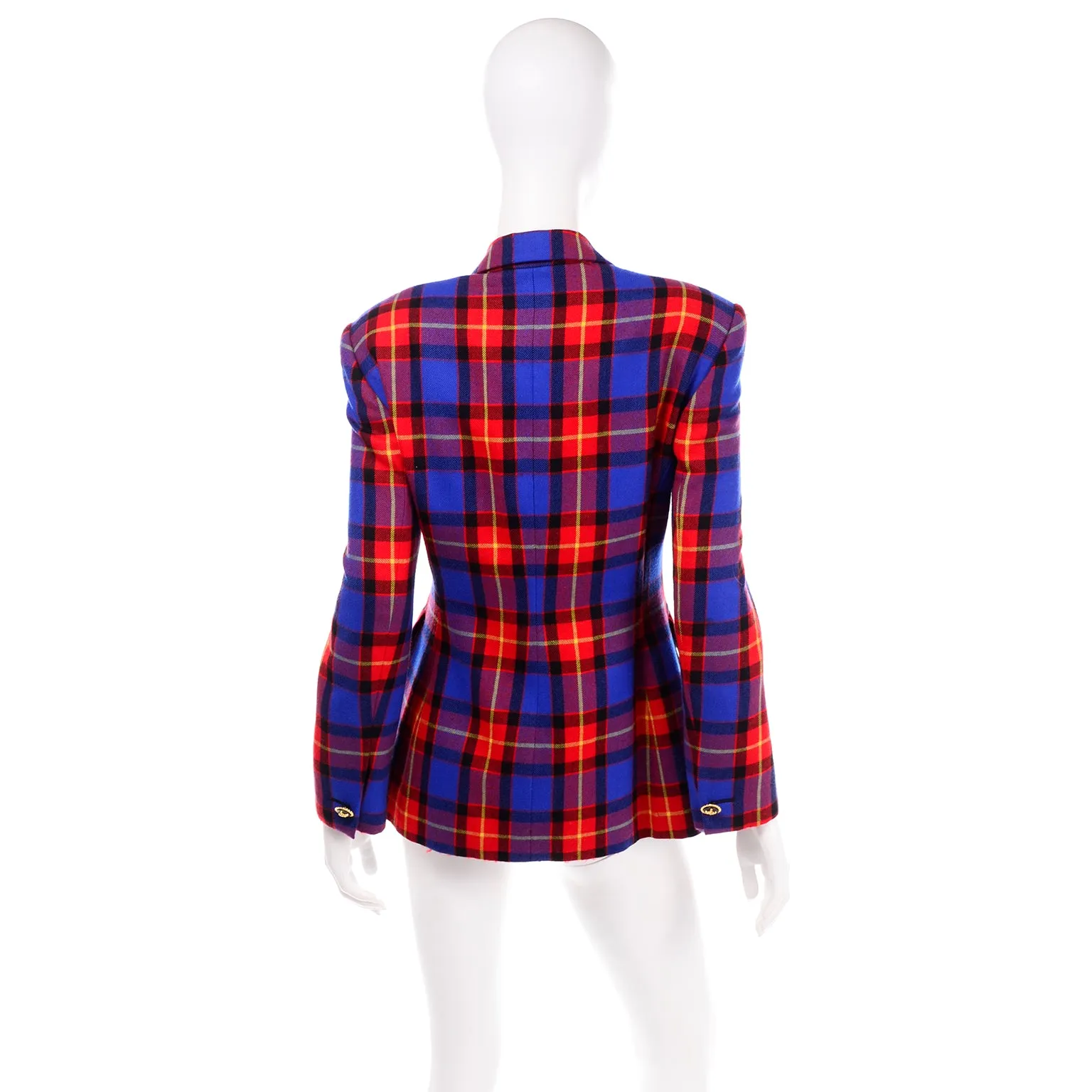 Margaretha Ley for Escada Vintage Red & Blue Wool Plaid Blazer Jacket