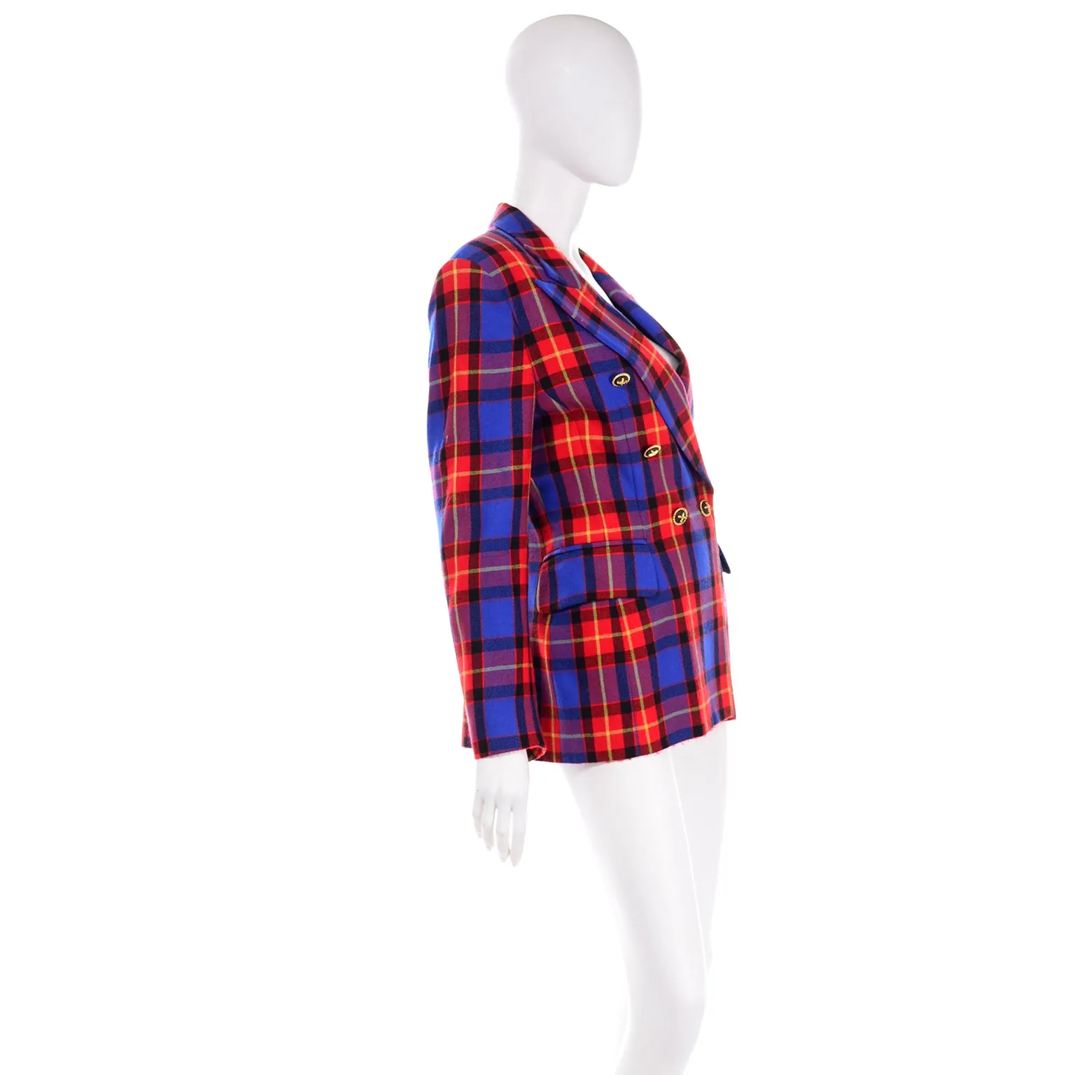 Margaretha Ley for Escada Vintage Red & Blue Wool Plaid Blazer Jacket