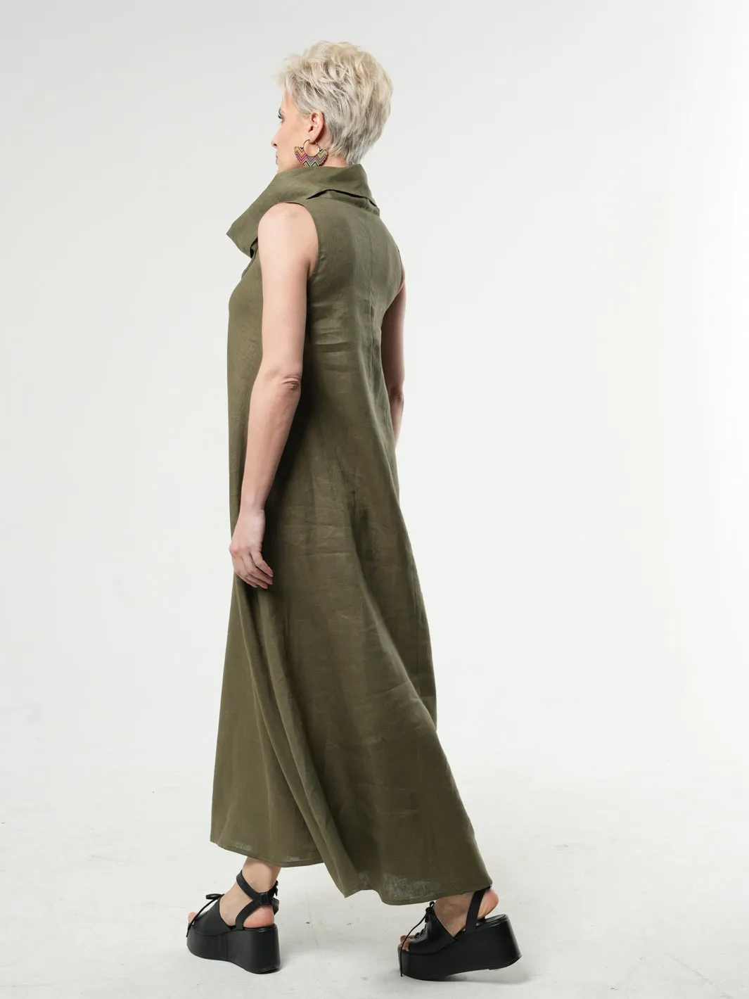 Maxi Linen Dress With Large Collar in Khaki