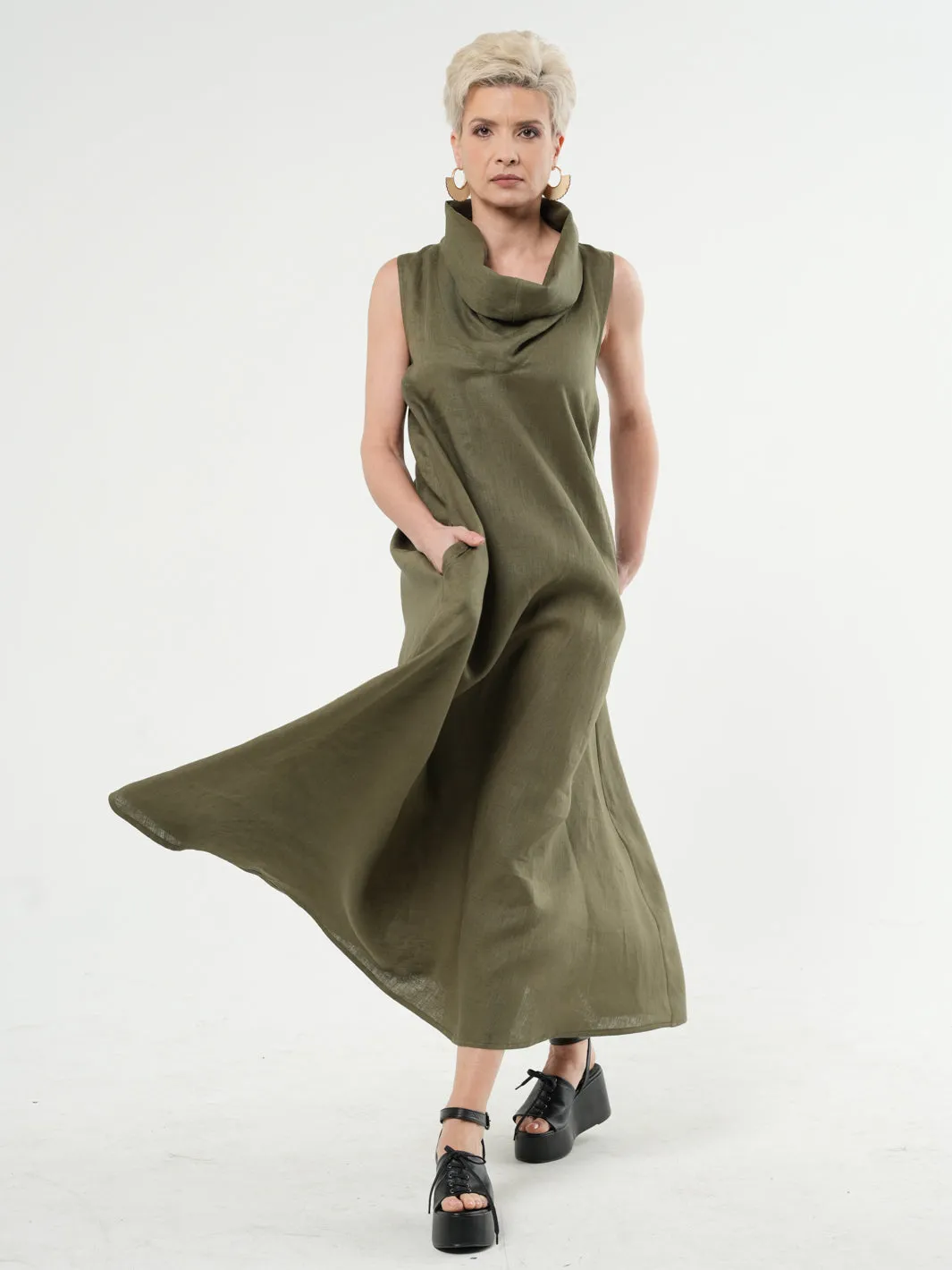 Maxi Linen Dress With Large Collar in Khaki