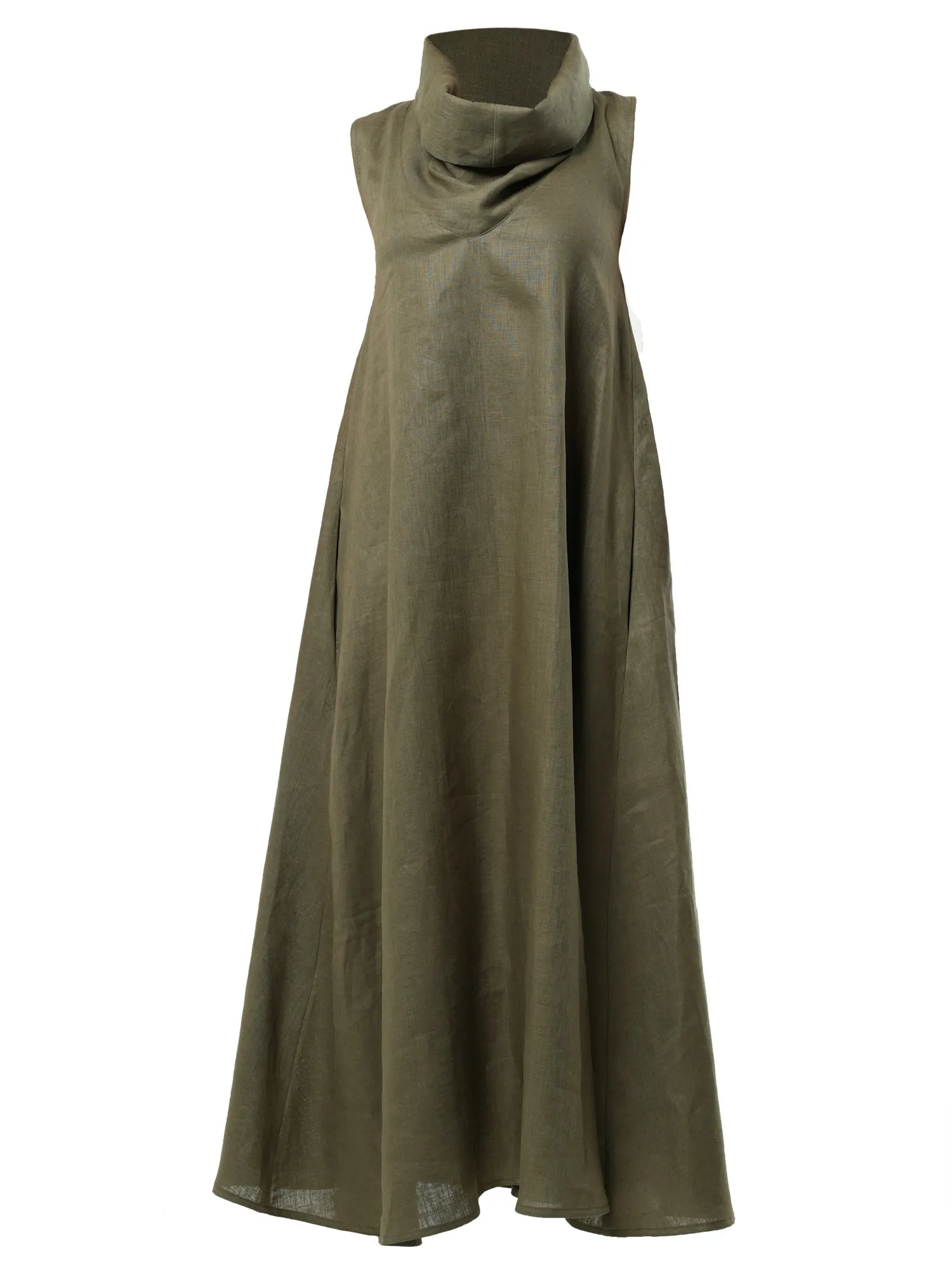 Maxi Linen Dress With Large Collar in Khaki