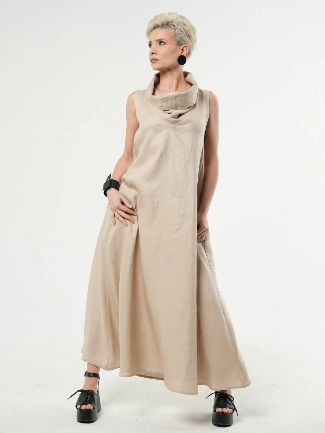 Maxi Linen Dress With Large Collar in Khaki