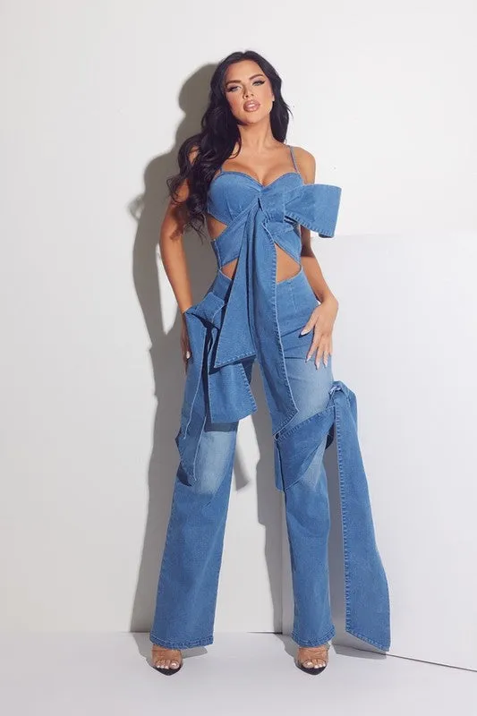 Medium Blue Denim Spandex Jumpsuit With Ribbon Ties