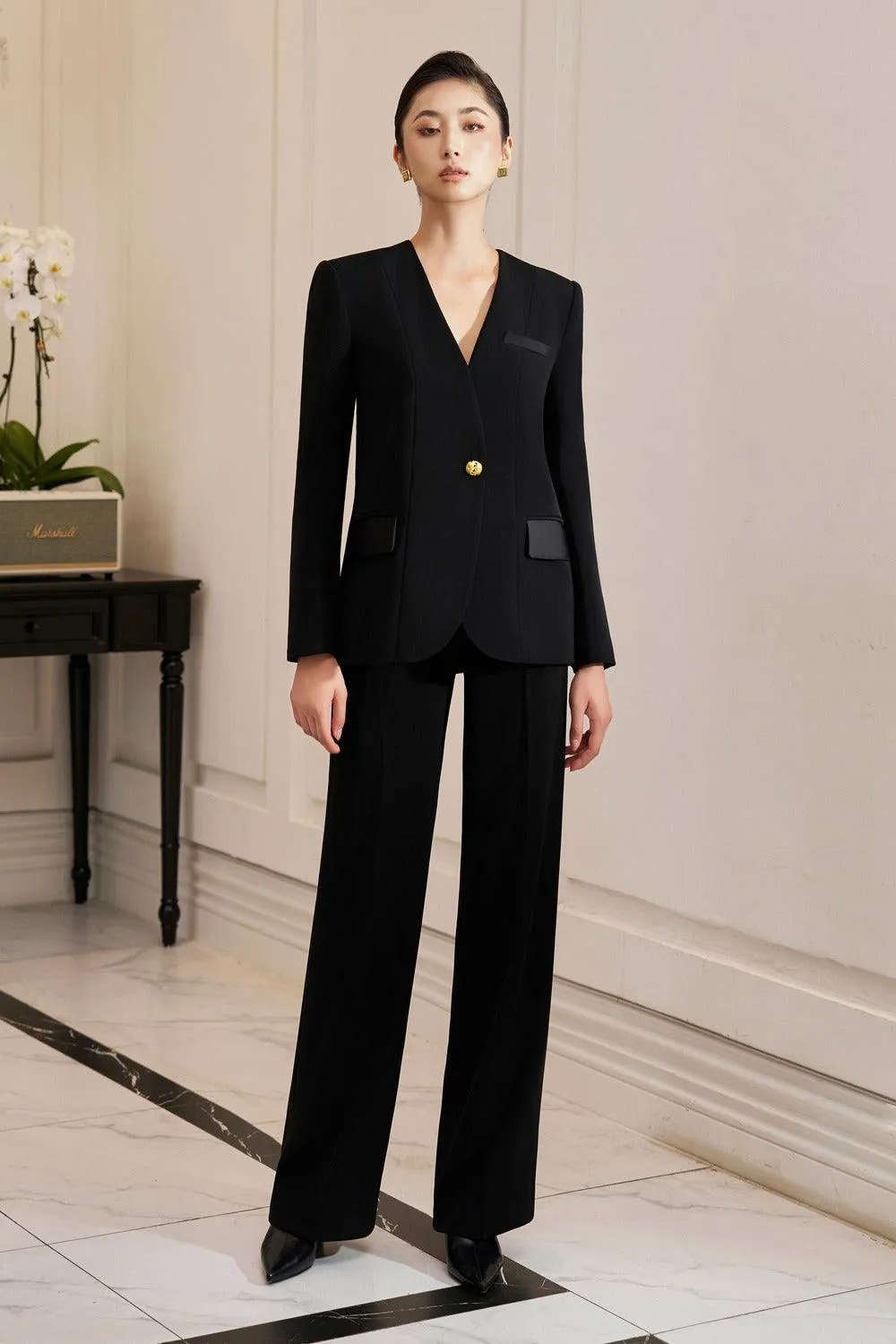 Melany Structured Lapelless Gabardine Blazer