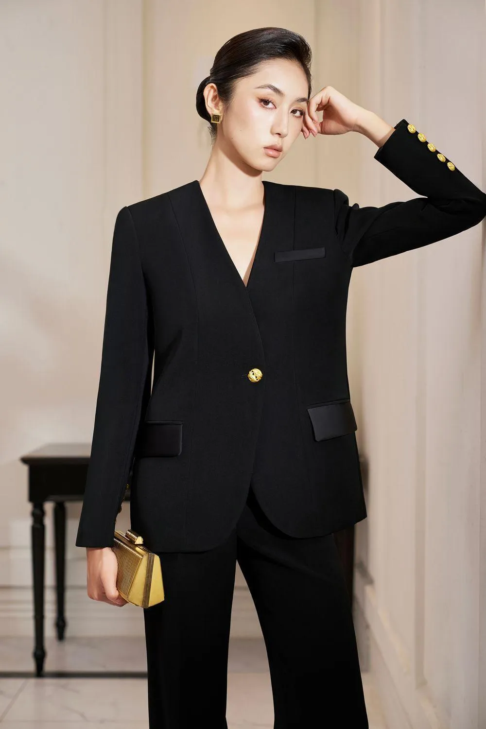 Melany Structured Lapelless Gabardine Blazer