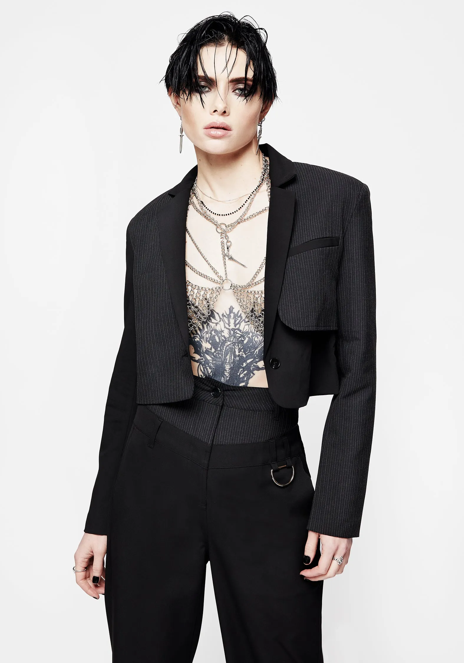 Memoriam Spliced Pinstripe Crop Blazer