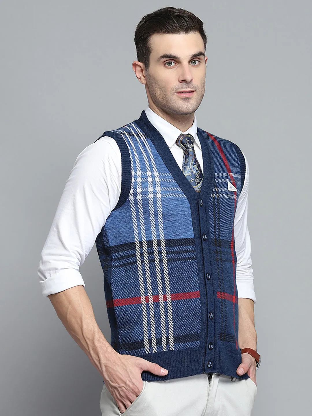 Men Blue Self Design V Neck Sleeveless Cardigan