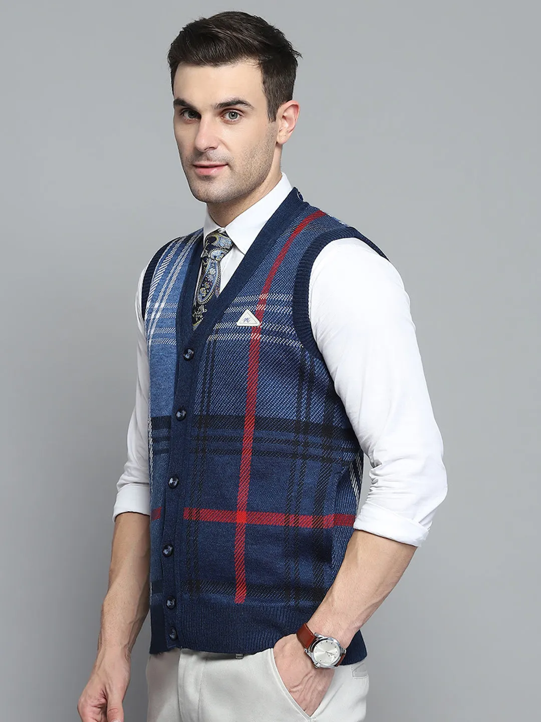 Men Blue Self Design V Neck Sleeveless Cardigan