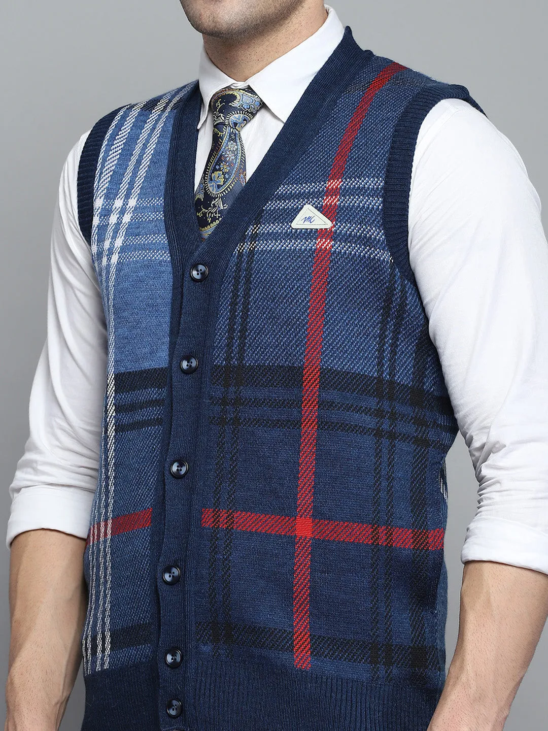 Men Blue Self Design V Neck Sleeveless Cardigan