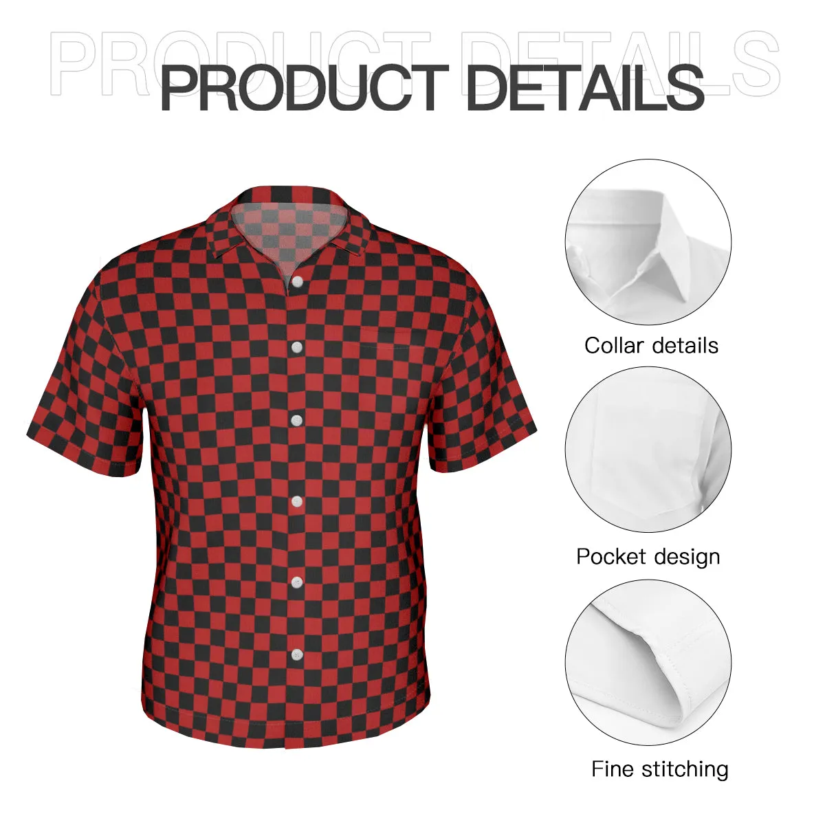 Men's Black and Red Checker Shirt, Vintage Style Checker Shirt, Retro Shirt Men, Checker Short Sleeve Shirt