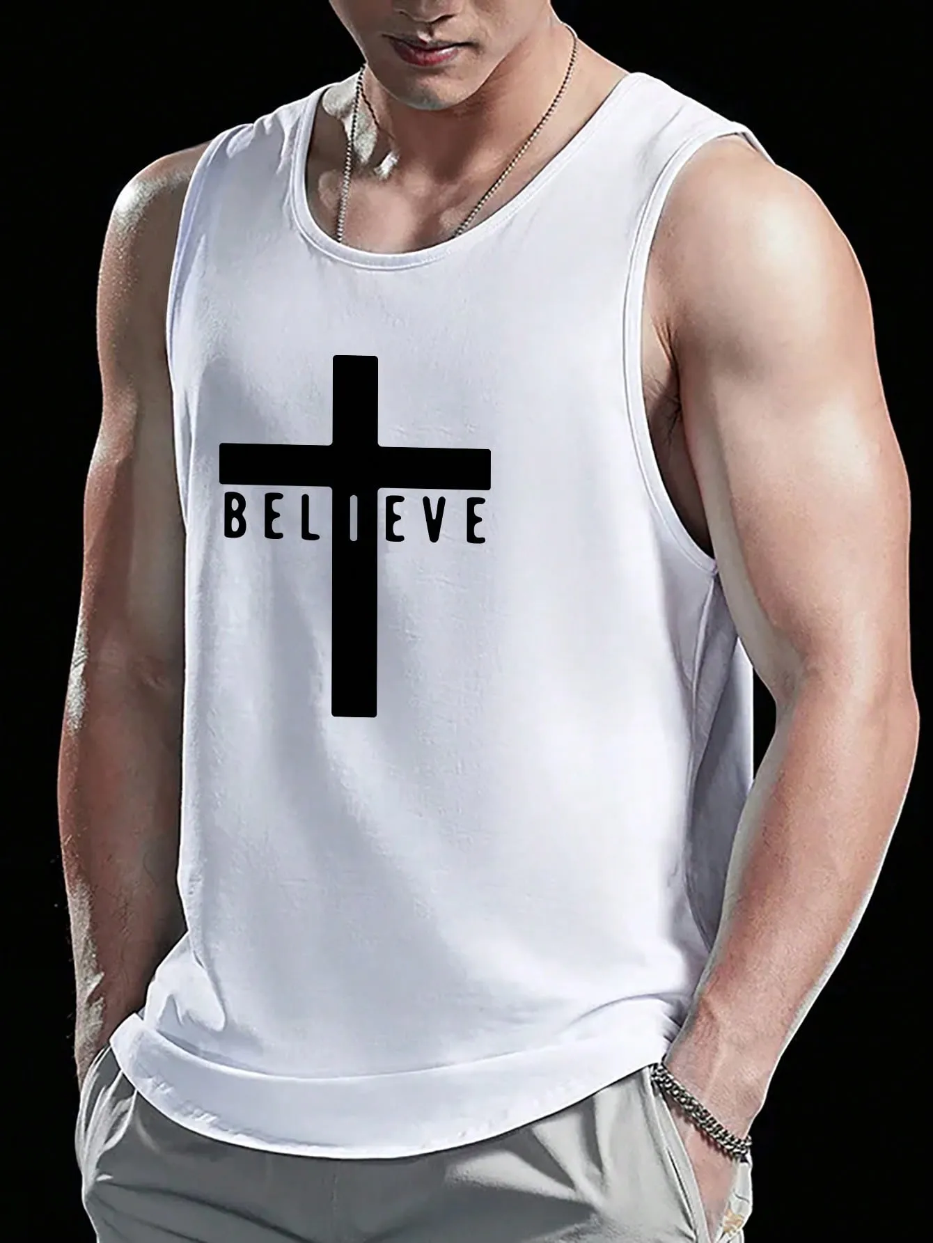 Men's Casual Slim Fit Letter Graphic Tank Top, Sleeveless, Round Neck, Stretch Fabric