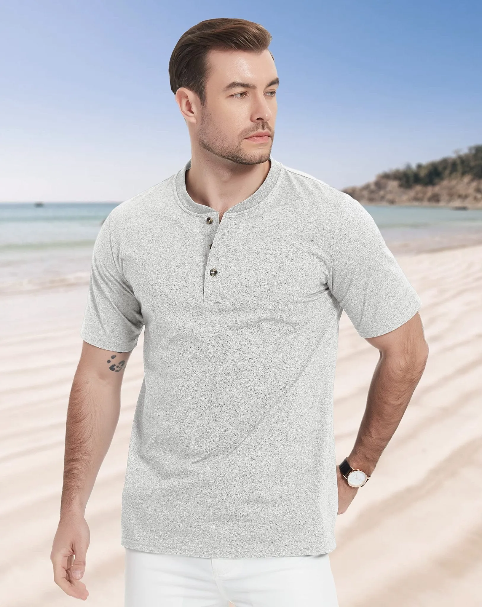 Mens Henley Shirts Cotton Casual T-Shirt Fashion Front Placket Summer Daily T-Shirts