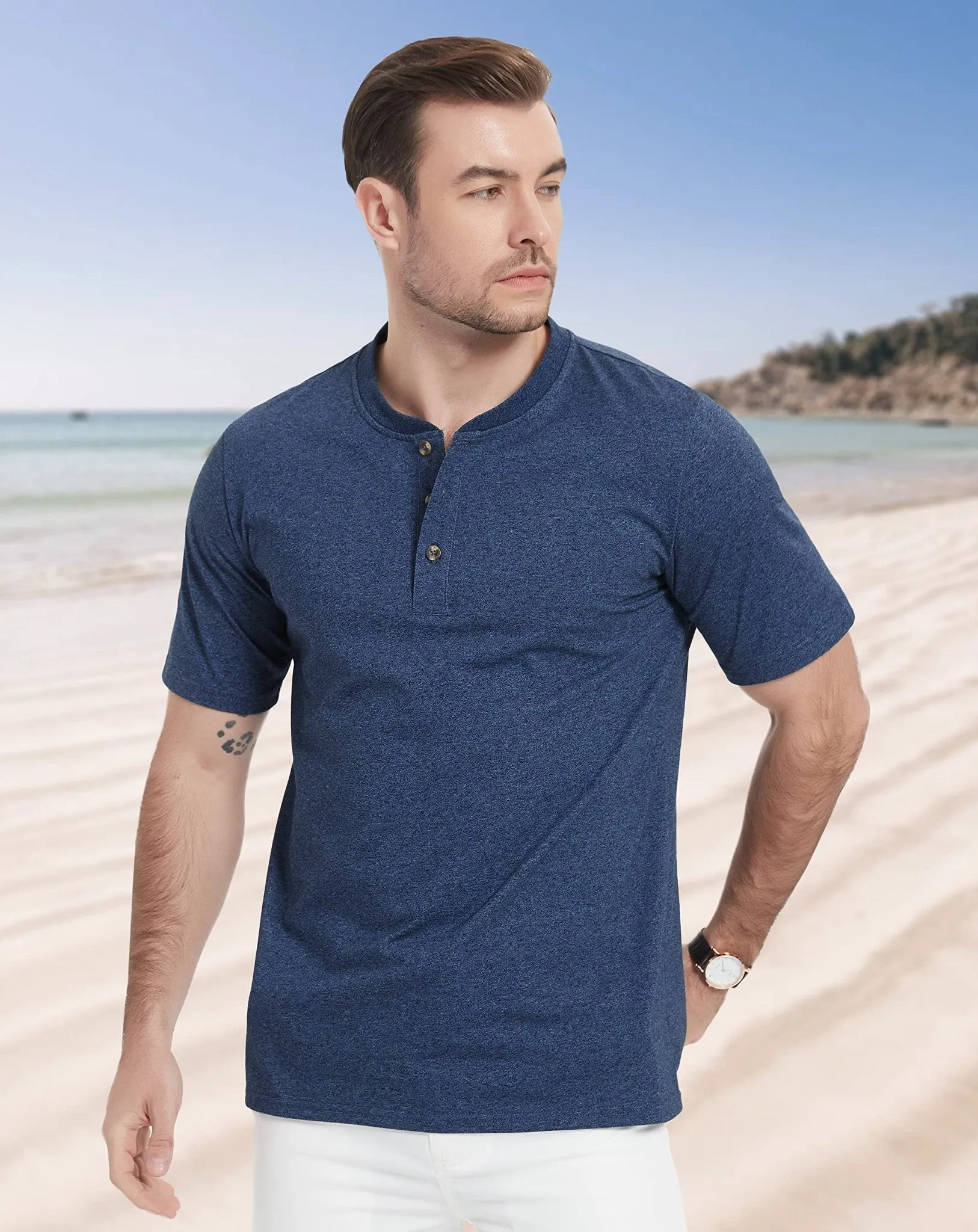 Mens Henley Shirts Cotton Casual T-Shirt Fashion Front Placket Summer Daily T-Shirts