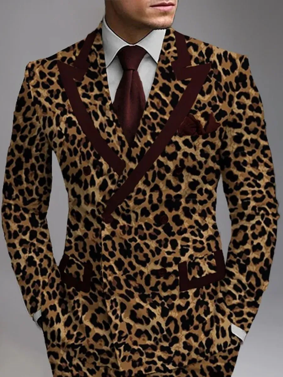 Men's Leopard Contrast Print Double Breasted Vintage Blazer