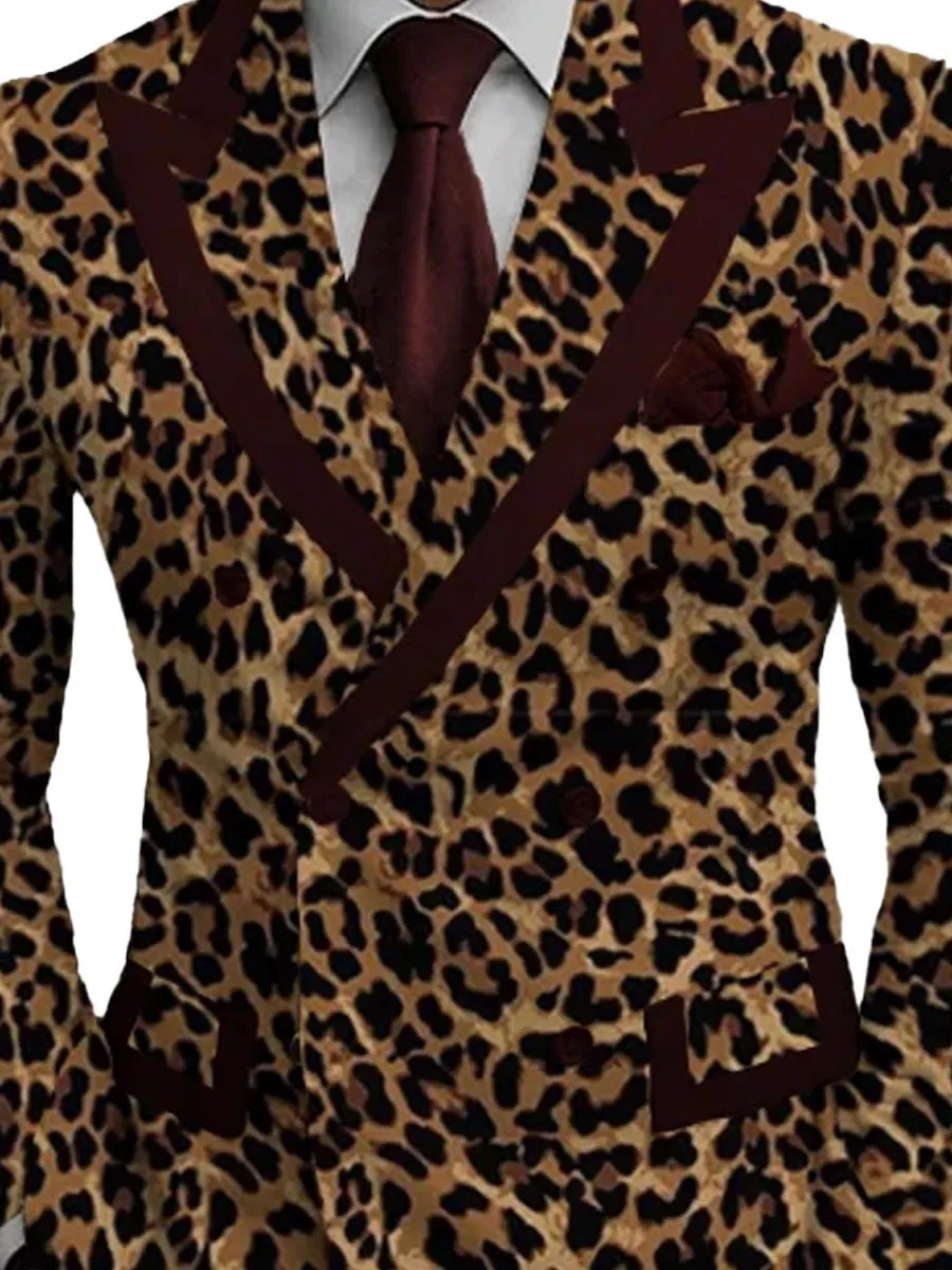 Men's Leopard Contrast Print Double Breasted Vintage Blazer