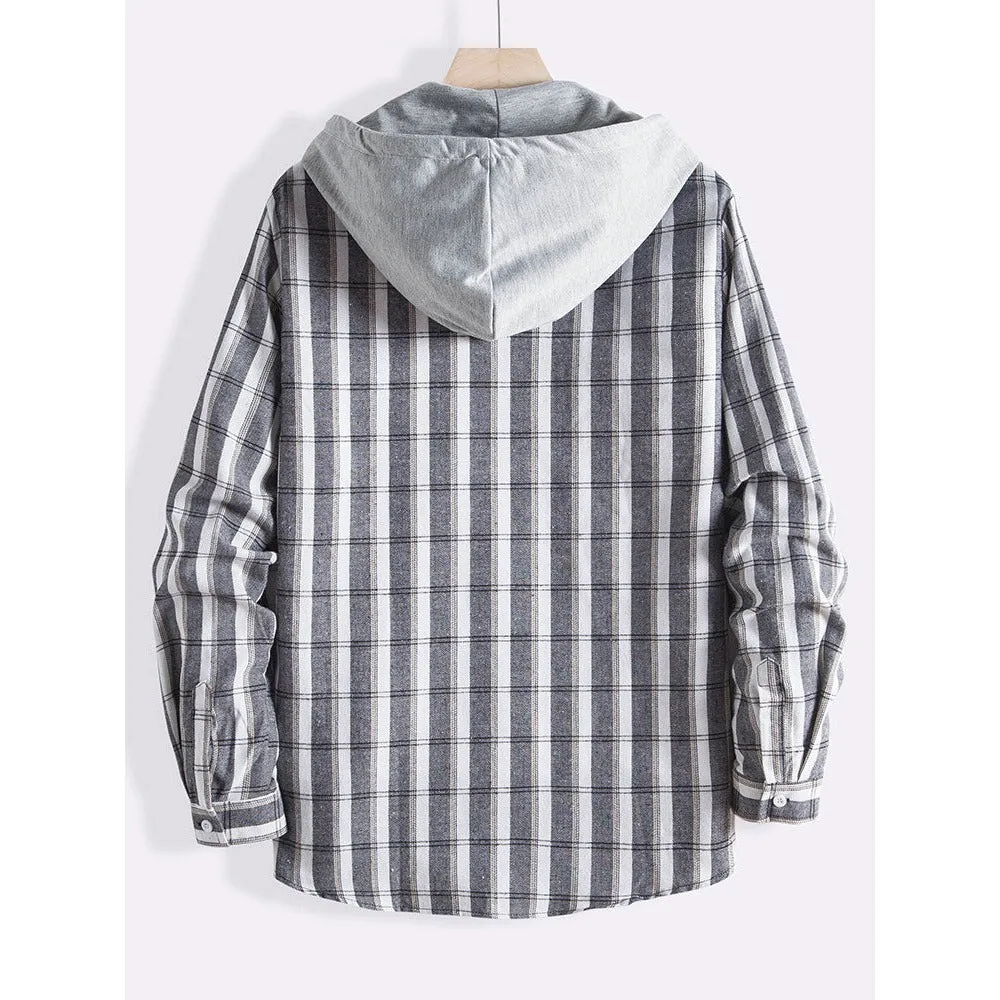 Men's Plaid Drawstring Hooded Lapel Casual Long Sleeve Shirt