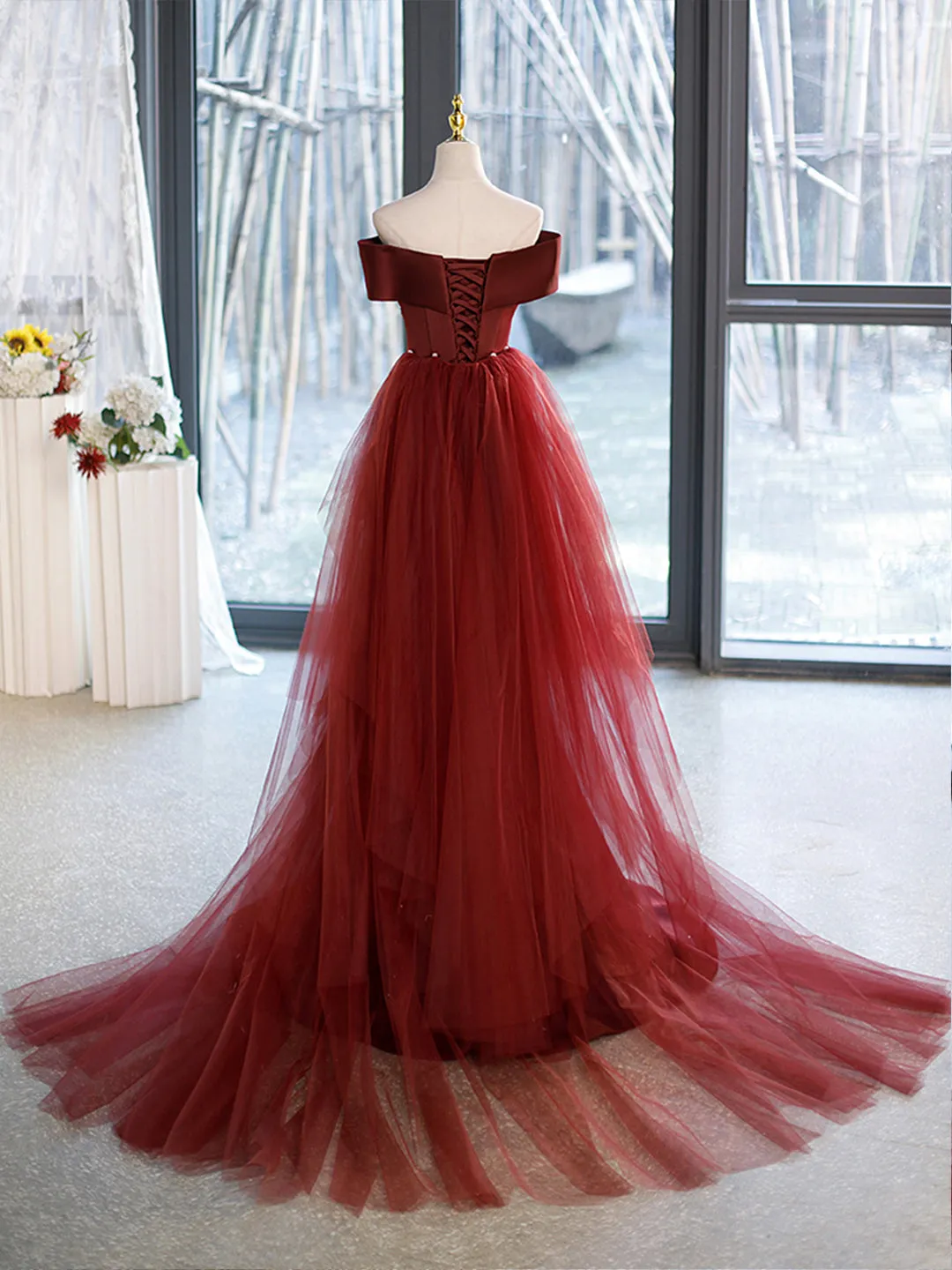 Mermaid V-Neck Satin Long Prom Dress,  Burgundy Off Shoulder Evening Dress with Bow