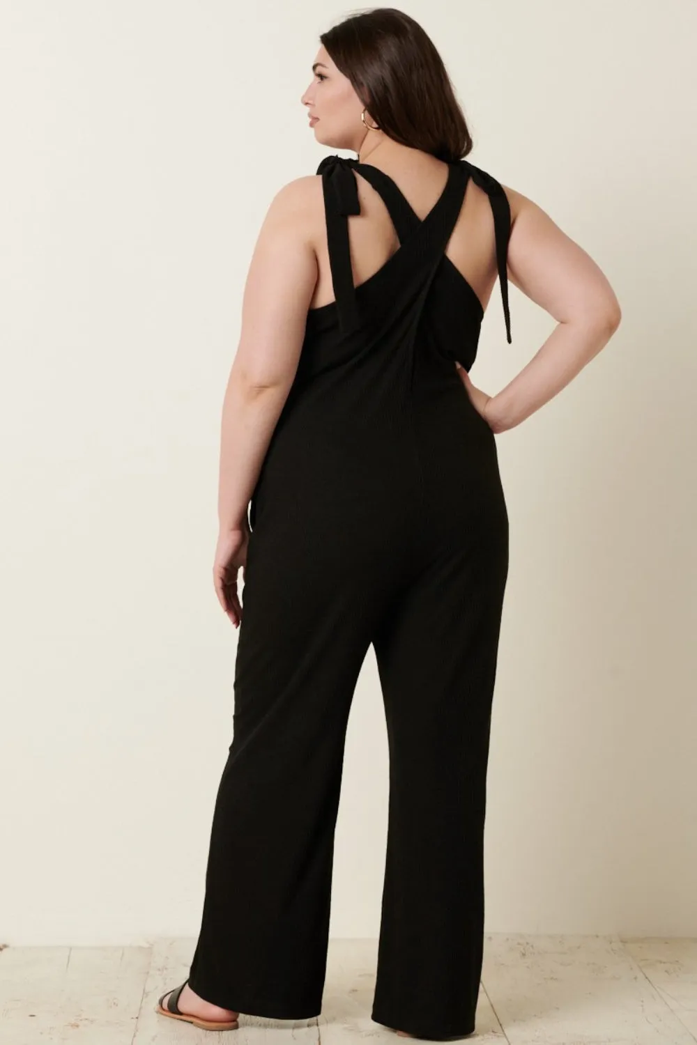 Mittoshop Rib Knit V-Neck Cross Back Jumpsuit