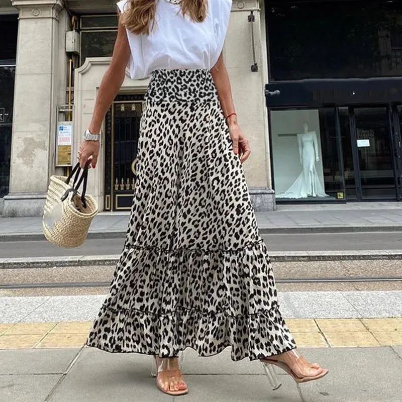 MQTIME  -  Leopard Print Large Swing Beach Skirt Casual Ruffle Pleated High Waist Half Skirt Fashion Streetwear Summer Women's Long Skirts