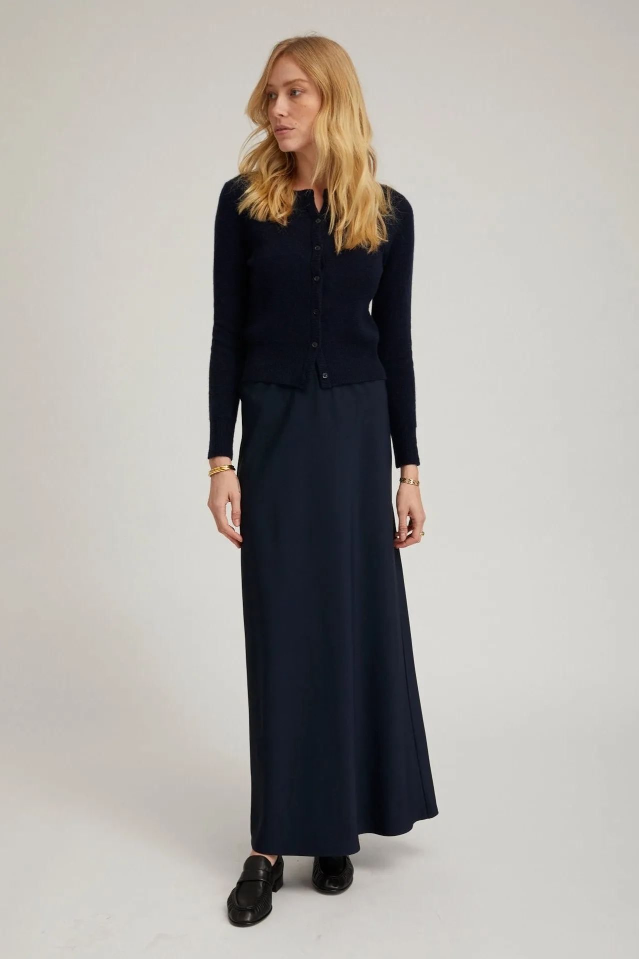 Navy Crepe Bias Maxi Skirt