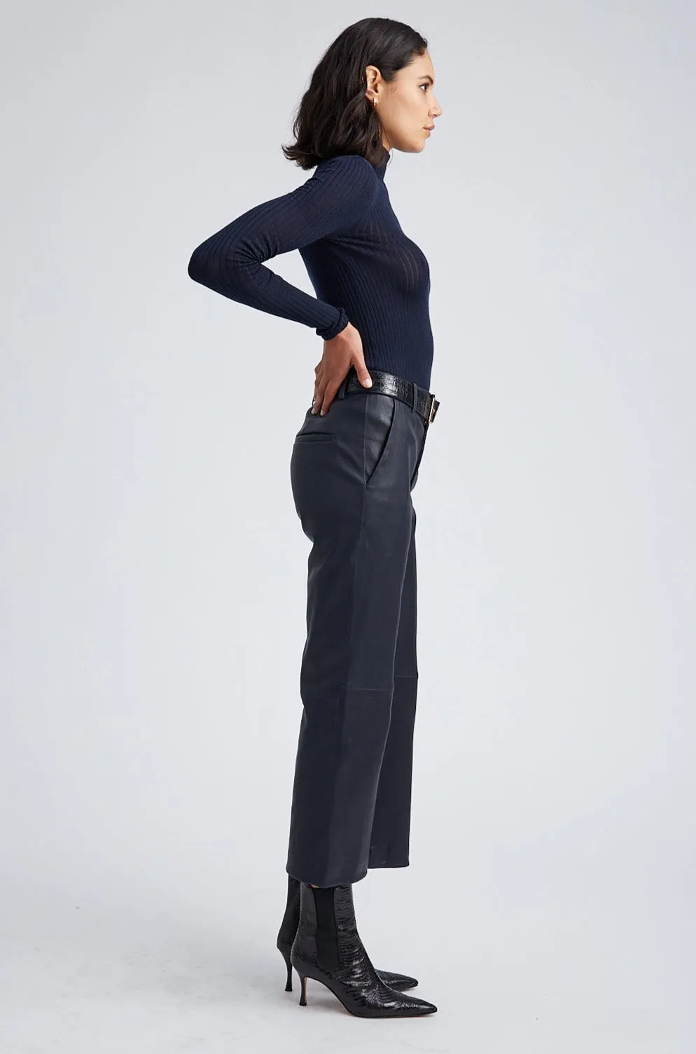 Navy Leather Cropped Trousers