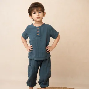 Navy Organic Muslin Short Sleeve Henley Tshirt With Lounge Pant Set