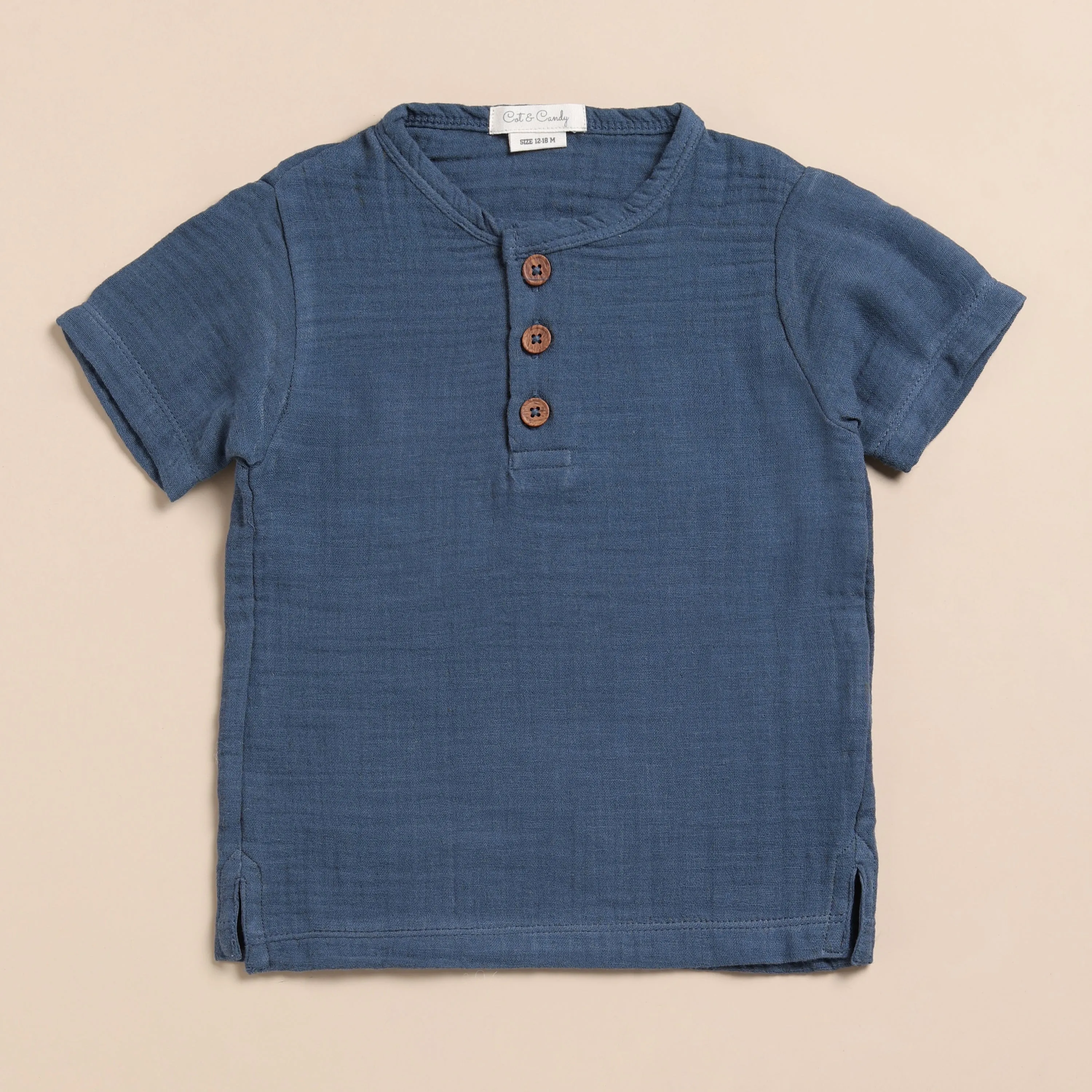 Navy Organic Muslin Short Sleeve Henley Tshirt With Lounge Pant Set