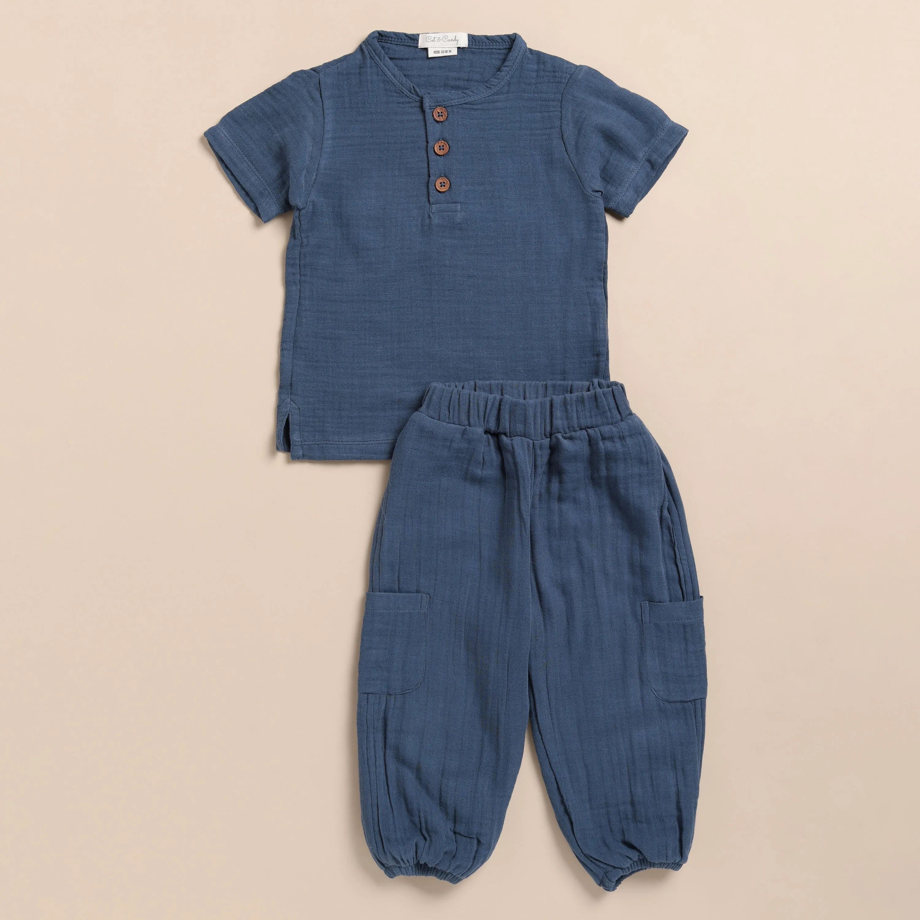 Navy Organic Muslin Short Sleeve Henley Tshirt With Lounge Pant Set