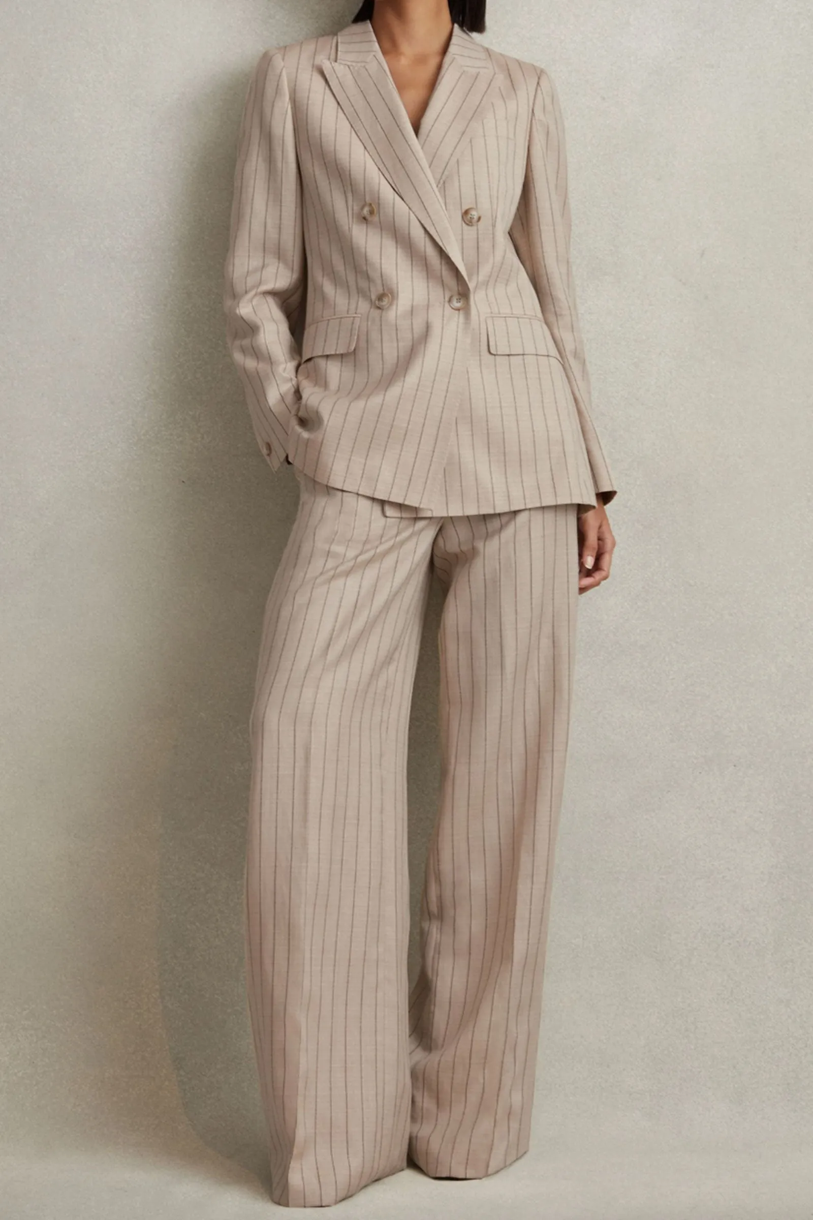 Odette Wool Blend Striped Double Breasted Blazer and Wide-Leg Trousers