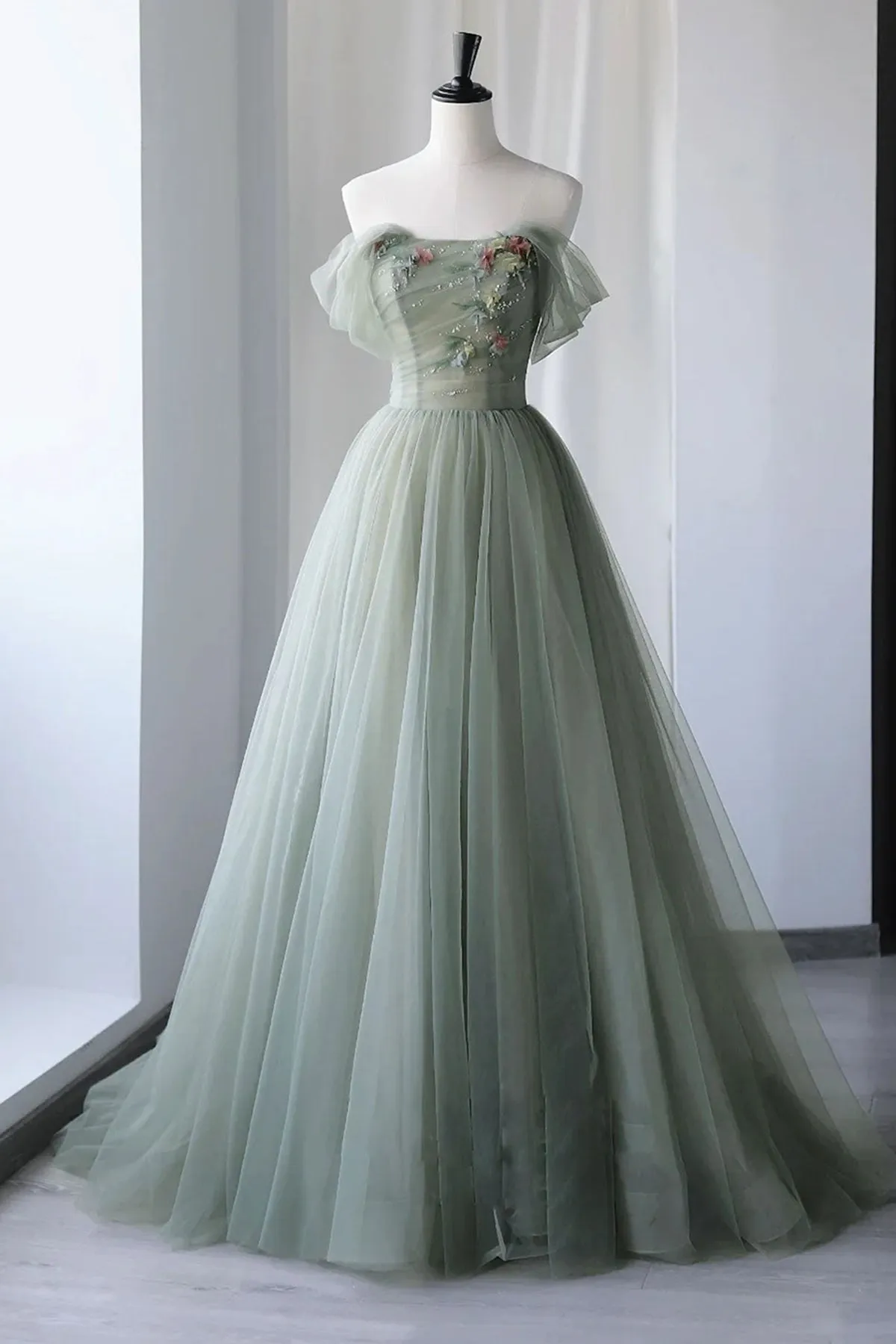 Off Shoulder Green Tulle Floral Long Prom Dresses, Off the Shoulder Green Formal Evening Dresses with 3D Flowers A1860