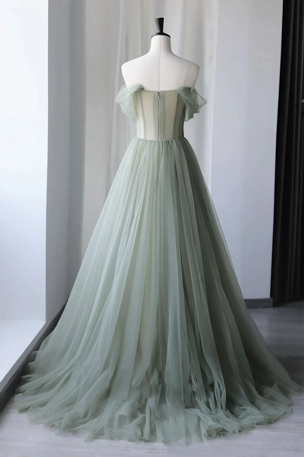 Off Shoulder Green Tulle Floral Long Prom Dresses, Off the Shoulder Green Formal Evening Dresses with 3D Flowers A1860