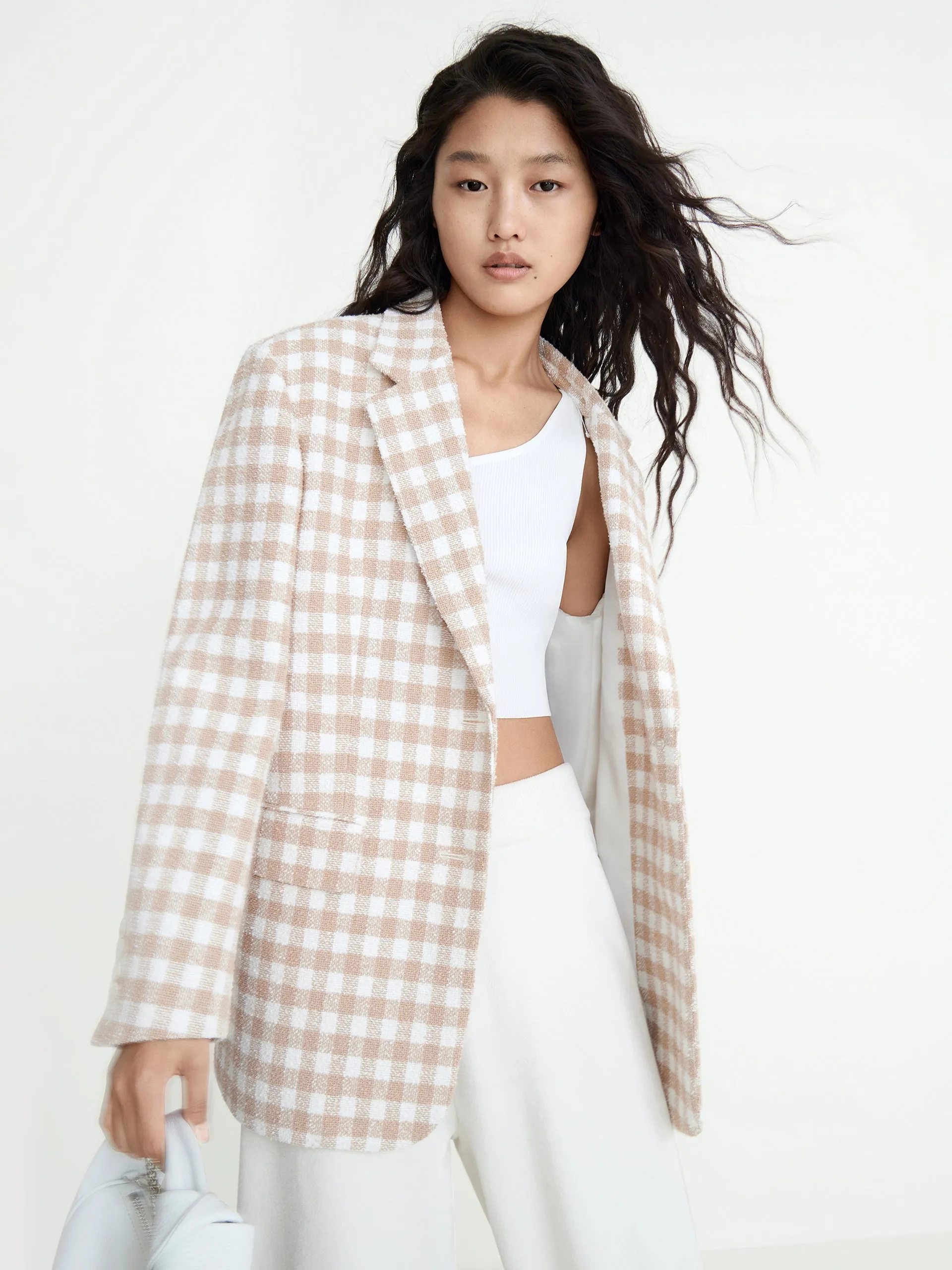 Oversized Wide-shoulder Checked Blazer