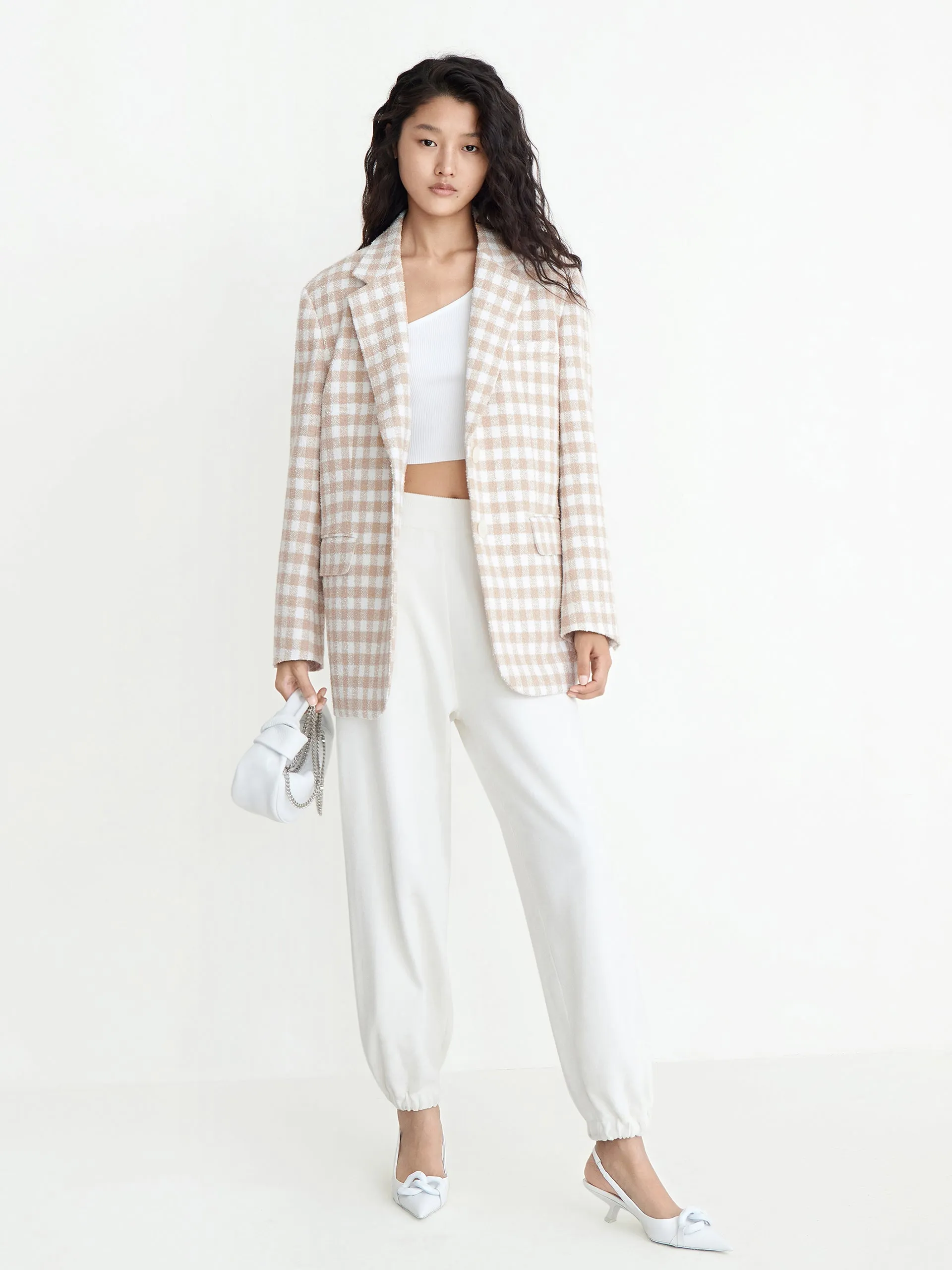 Oversized Wide-shoulder Checked Blazer