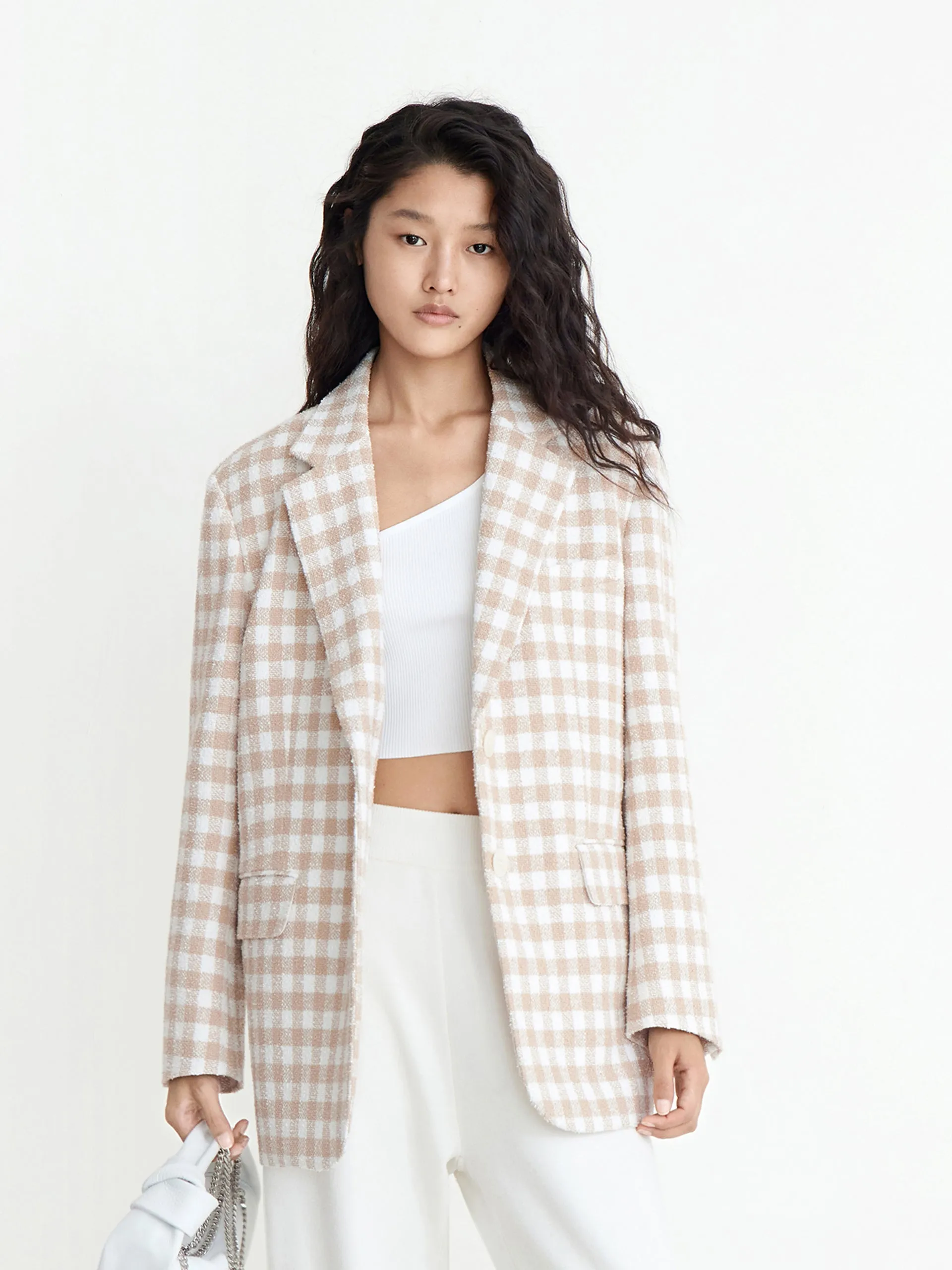 Oversized Wide-shoulder Checked Blazer