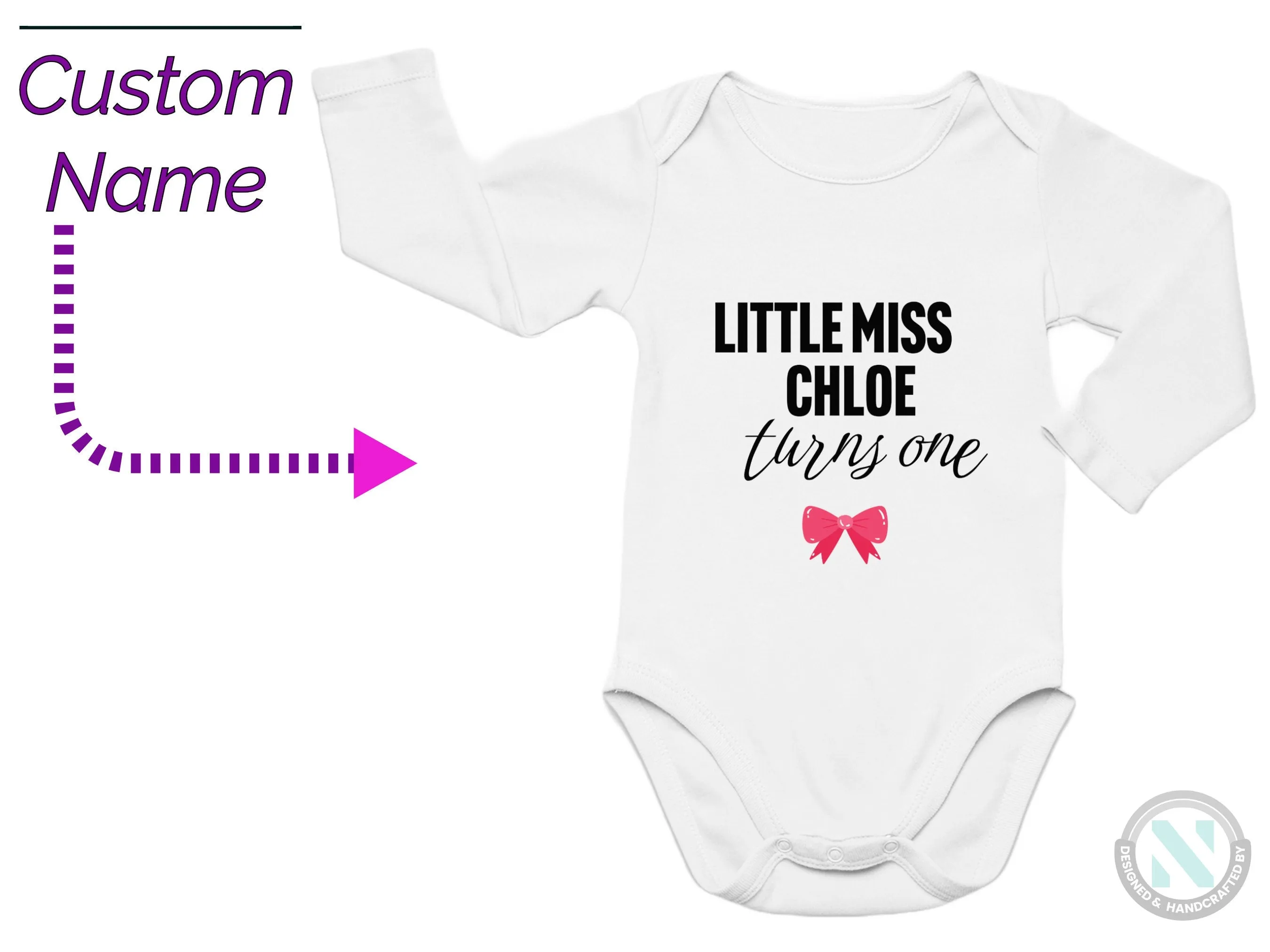 Personalize Long Sleeve Bodysuit for Girls with Baby Name and text "Little Miss"