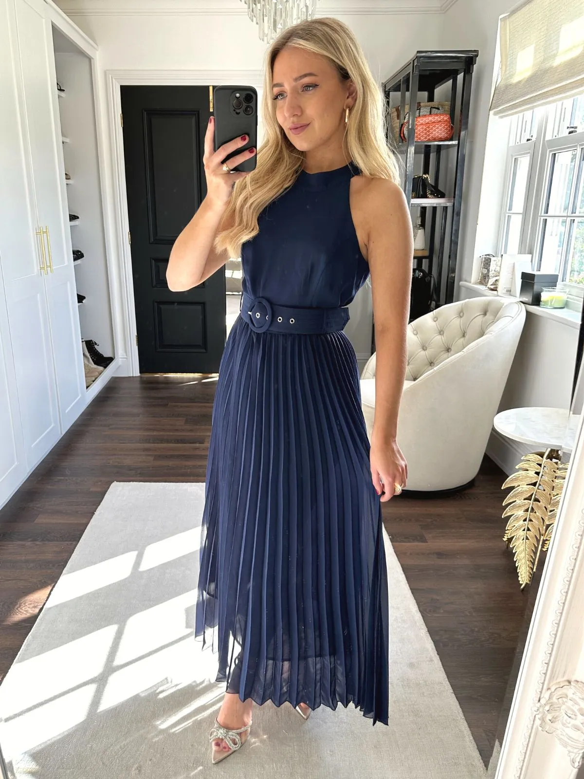 Petite Luisa Belted Pleated Maxi Dress / Navy