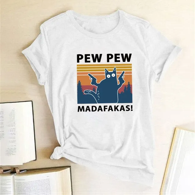 Pew Pew Madafakas Tshirt | Funny Cat Shirt | Sunset Pew pew Shirt | Pew Pew Shirt | Funny Parody Shirt | Funny Crazy Cat Lover Gun Tee Shirt