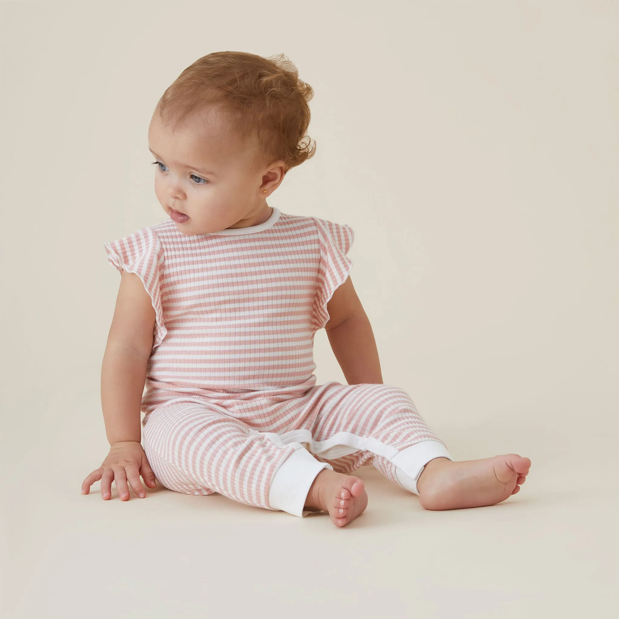 Pink Stripe Ribbed Frill Jumpsuit