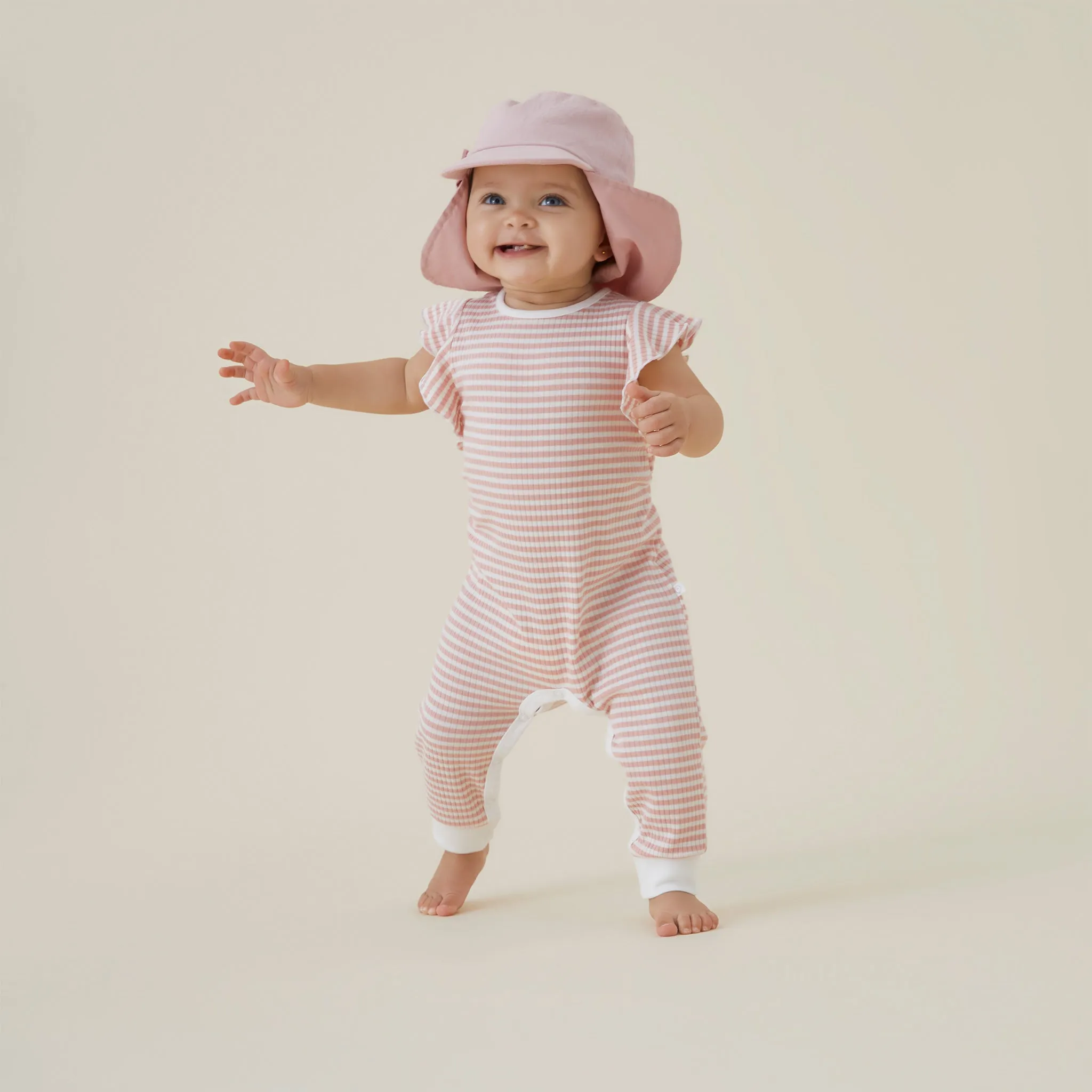 Pink Stripe Ribbed Frill Jumpsuit