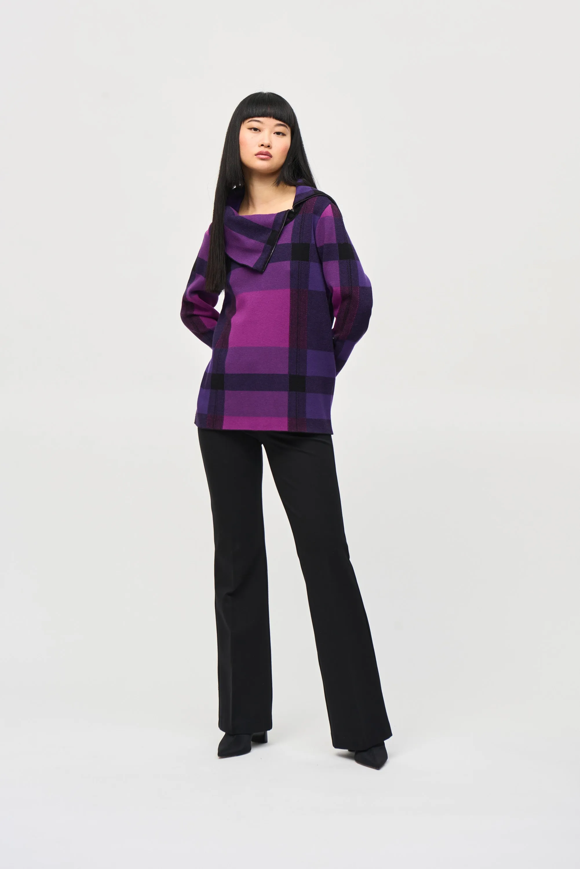 Plaid Jacquard Cowl Neck Sweater