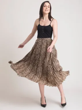 Pleated Flared Animal Print Midi Skirt - Brown