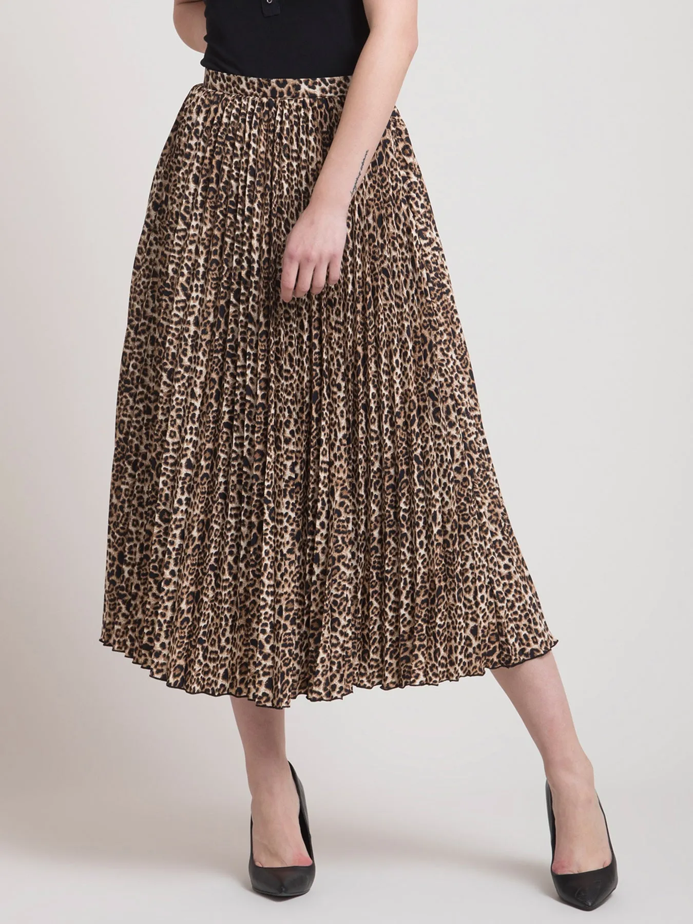 Pleated Flared Animal Print Midi Skirt - Brown