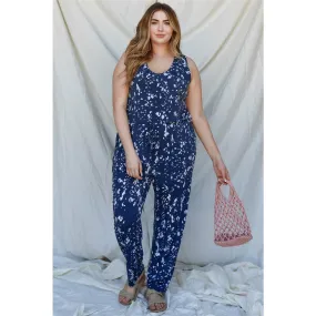 Plus Navy & Mint Feather Print Sleeveless Jumpsuit