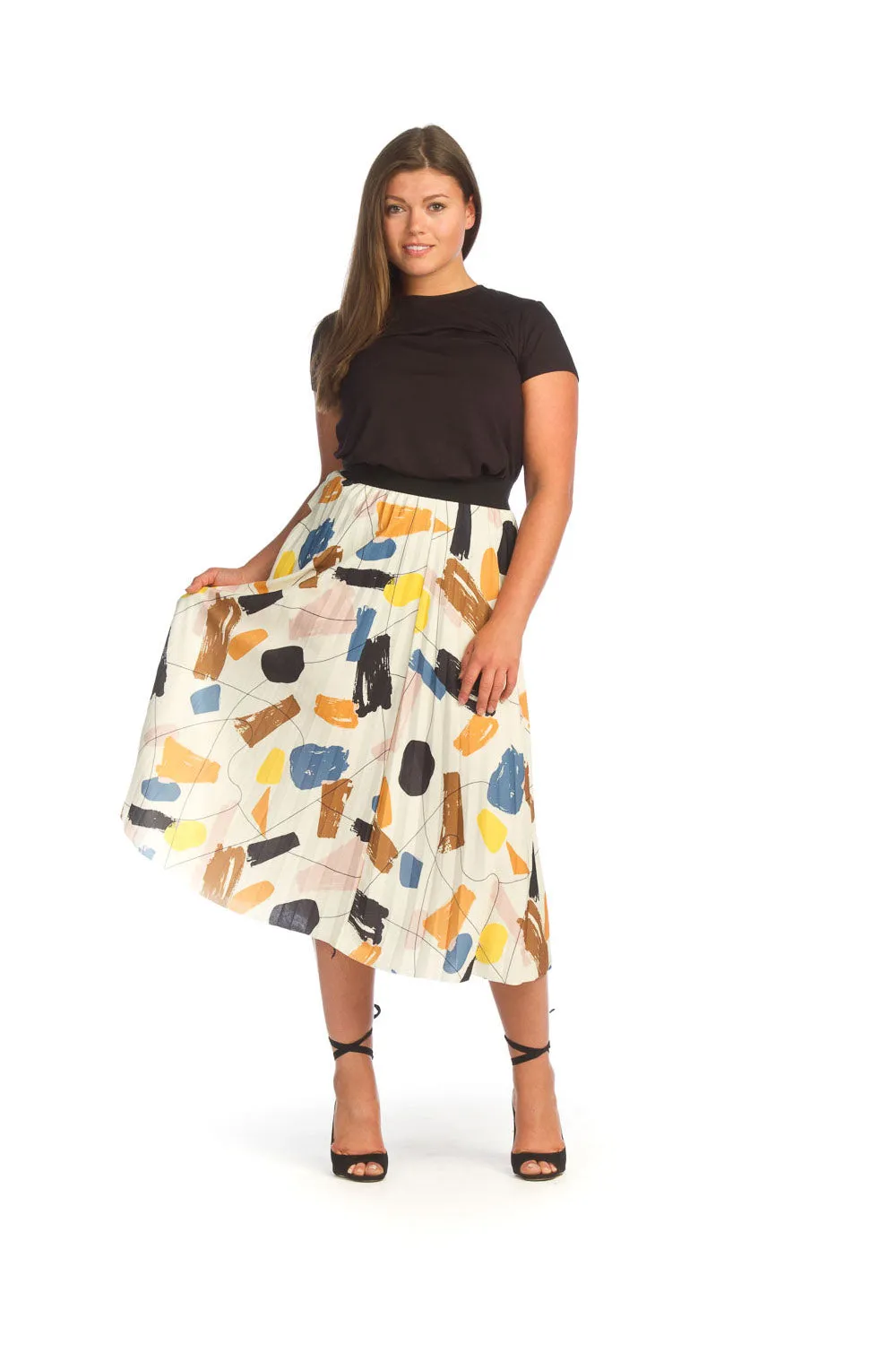 PS14913 CRMUL Abstract Pleated Skirt with Elastic Waist