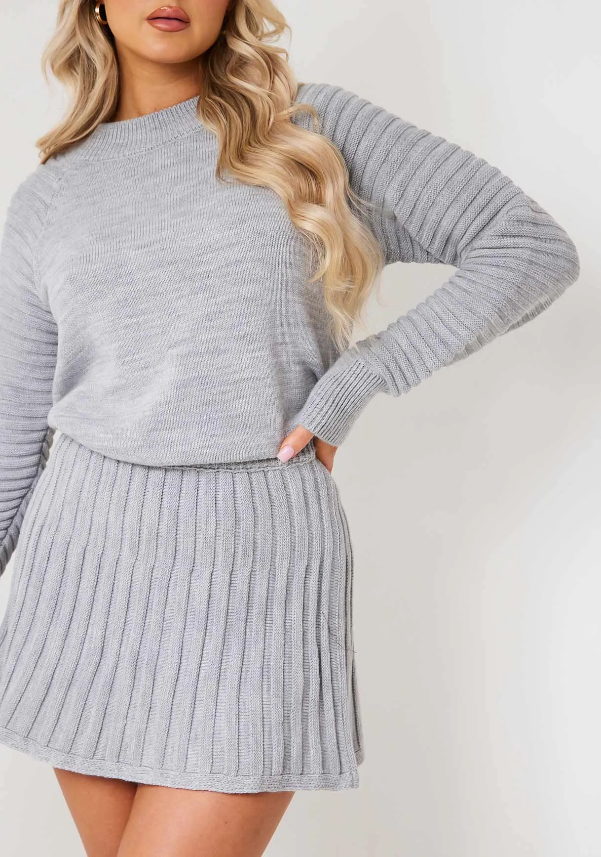 Rachel Light Grey Pleated Knitted Mini Skirt