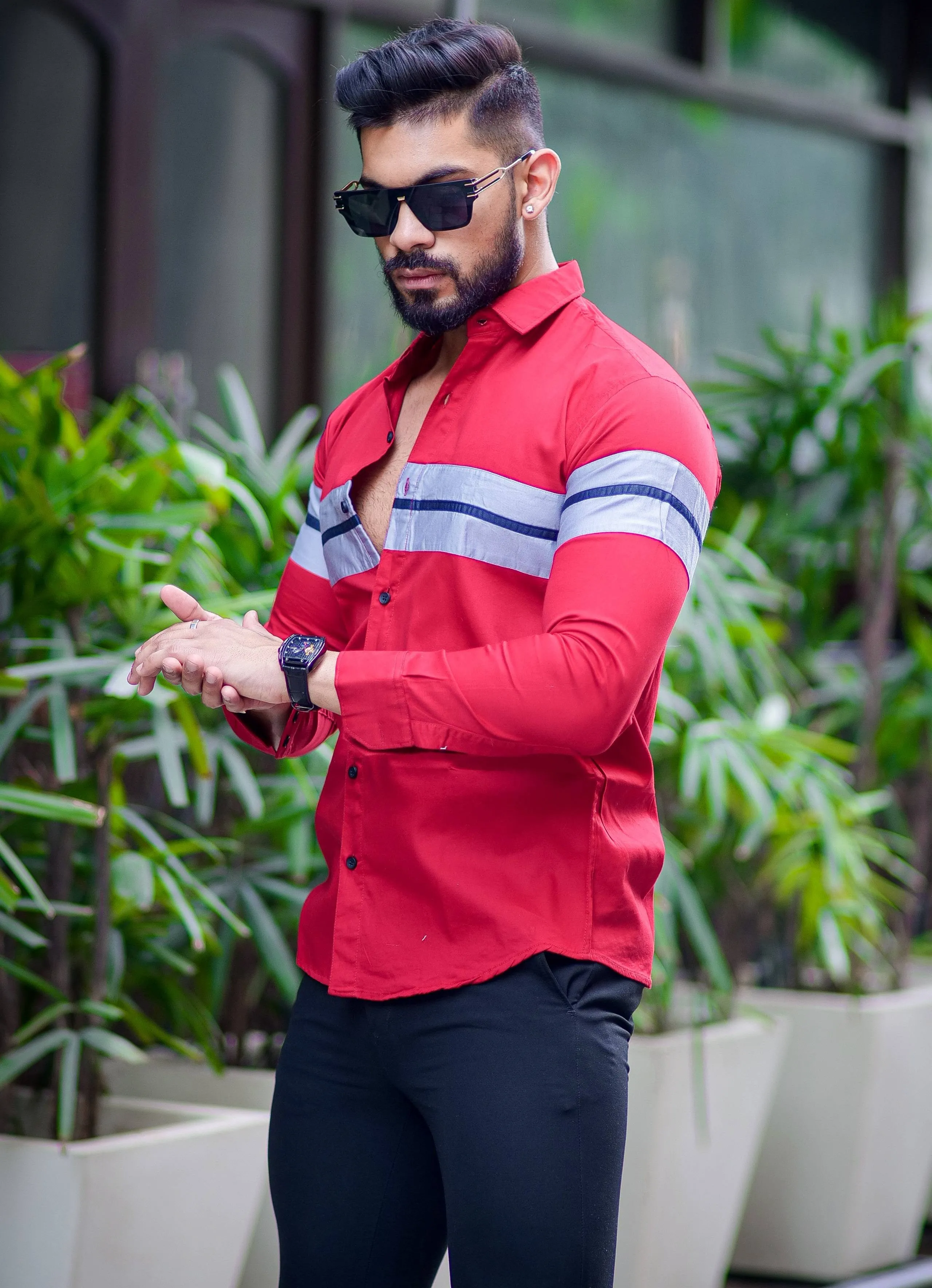 Red Cotton Cut n Sew Cotton Designer Shirt For Men's