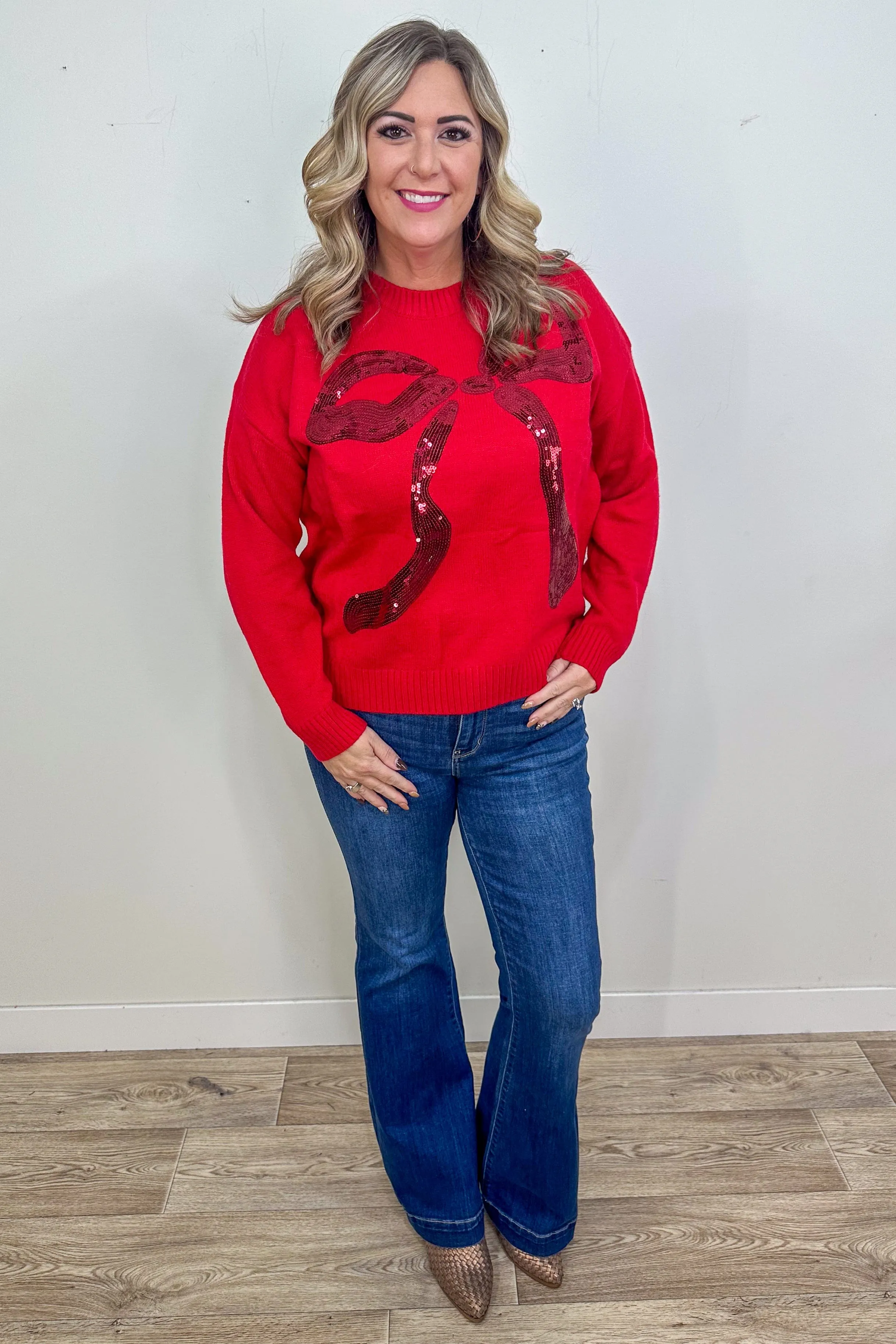 Red Sequin Bow Sweater