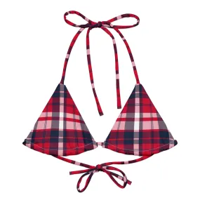 Red, White and Navy Blue Preppy Surfer Girl Plaid String Bikini Top