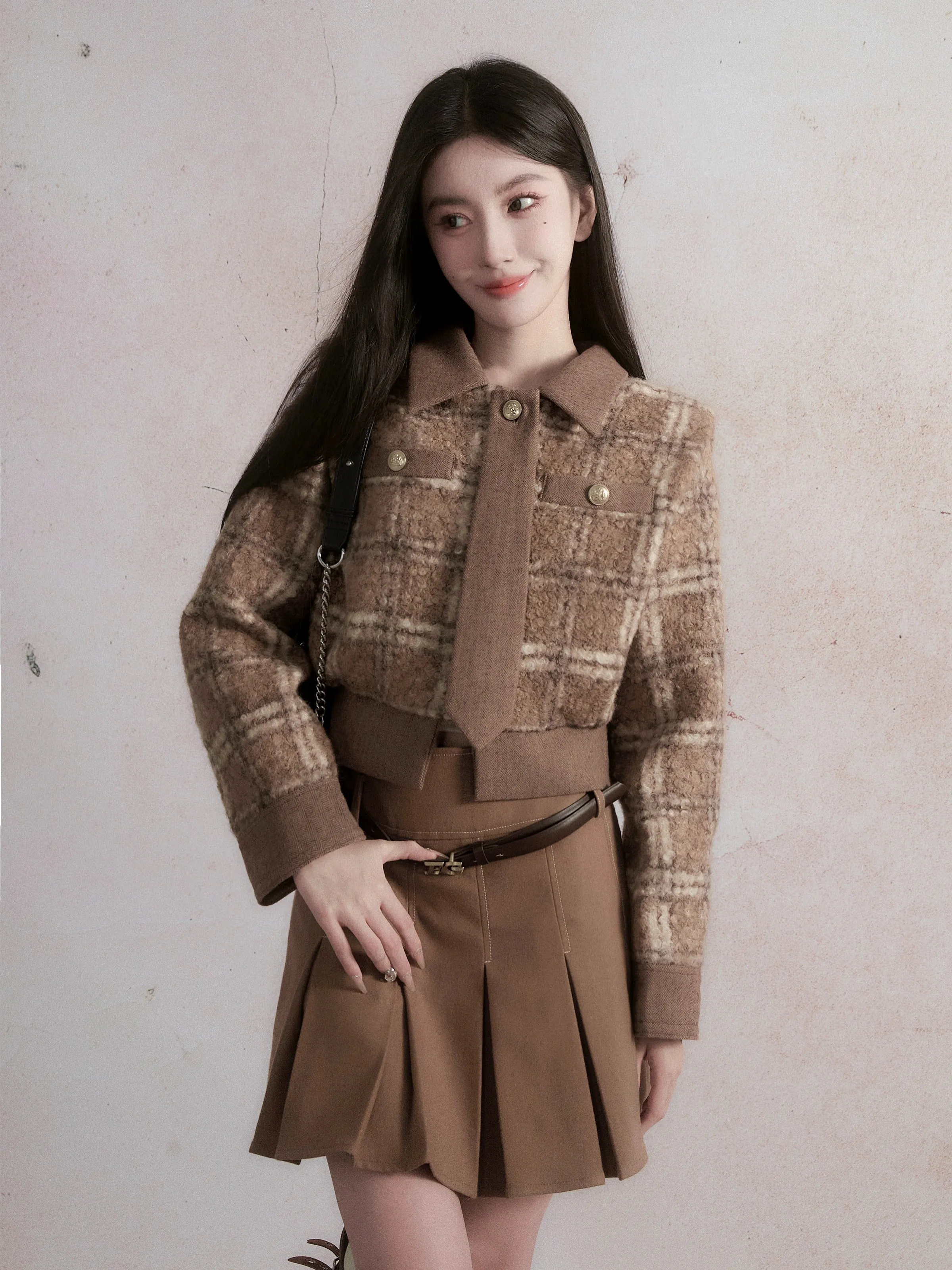 Retro Check Short Jacket & Pleated Skirt